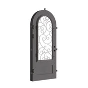 Story black exterior metal single full arch door with thick dual-pane glass.