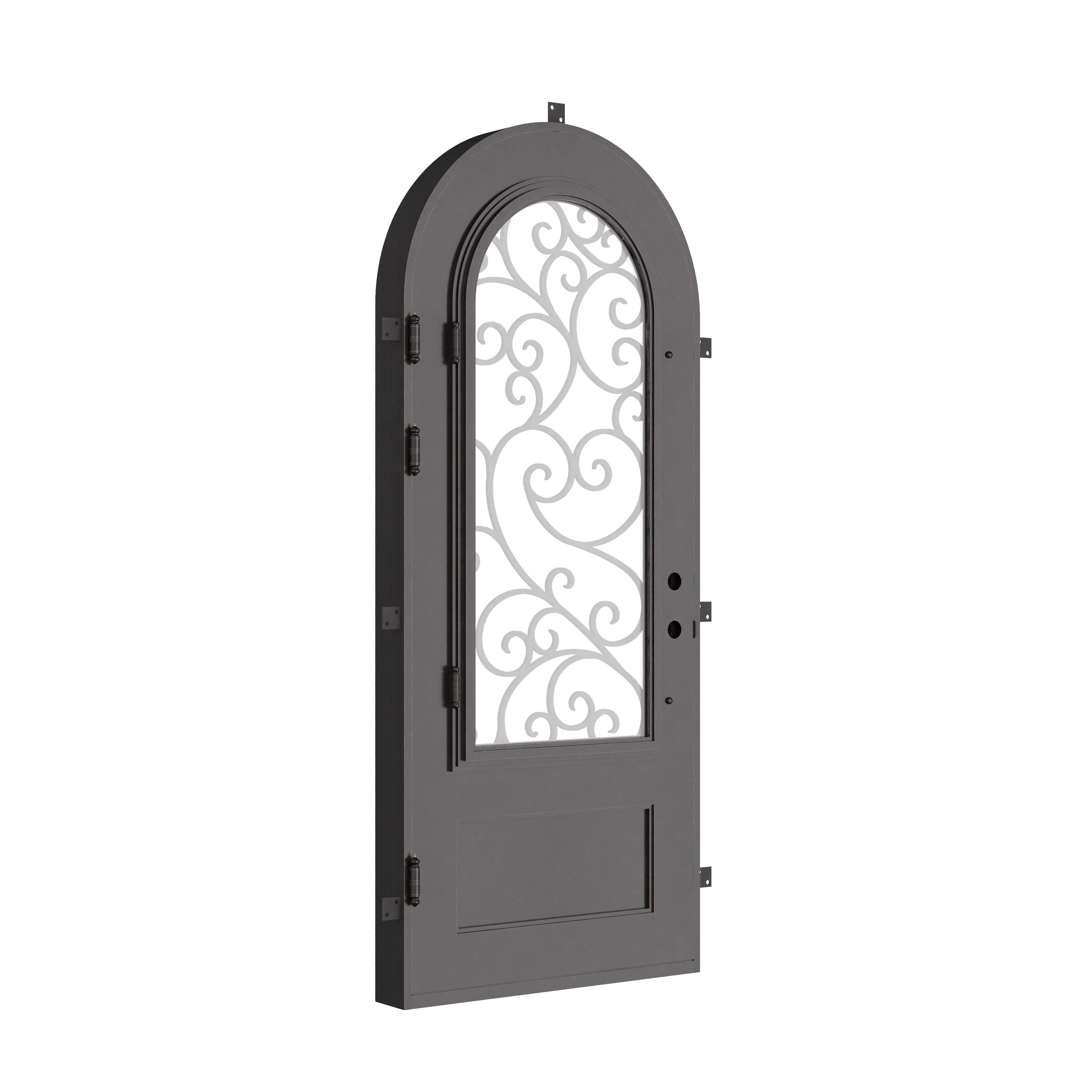 Story thermally broken round top door with decorative metalwork in bronze color.