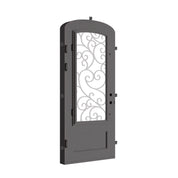 Story black exterior wrought iron mini arch top single door with thick double-pane glass.