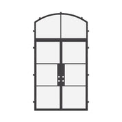 Contemporary double flat steel entry door with arch window detail