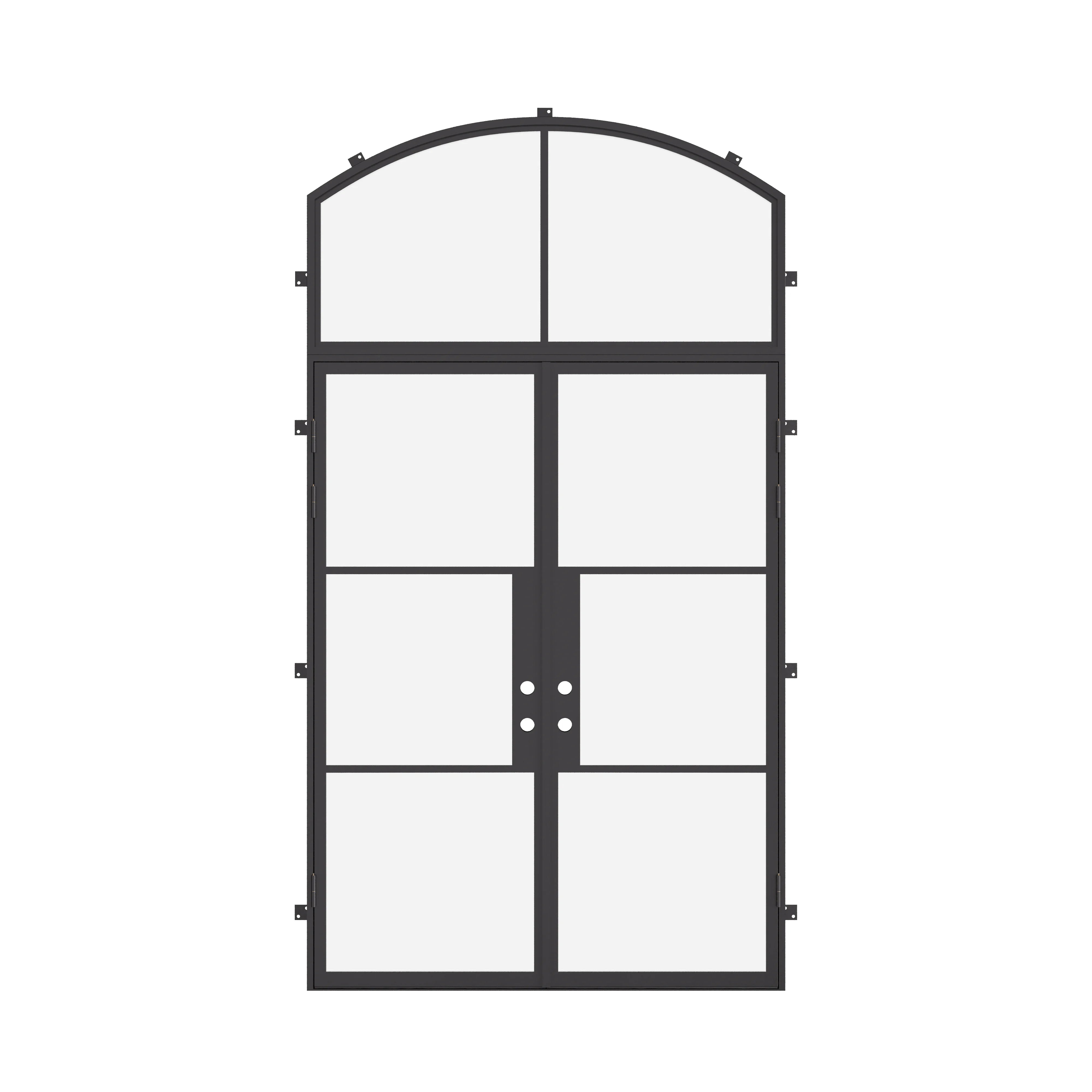 Contemporary double flat steel entry door with arch window detail