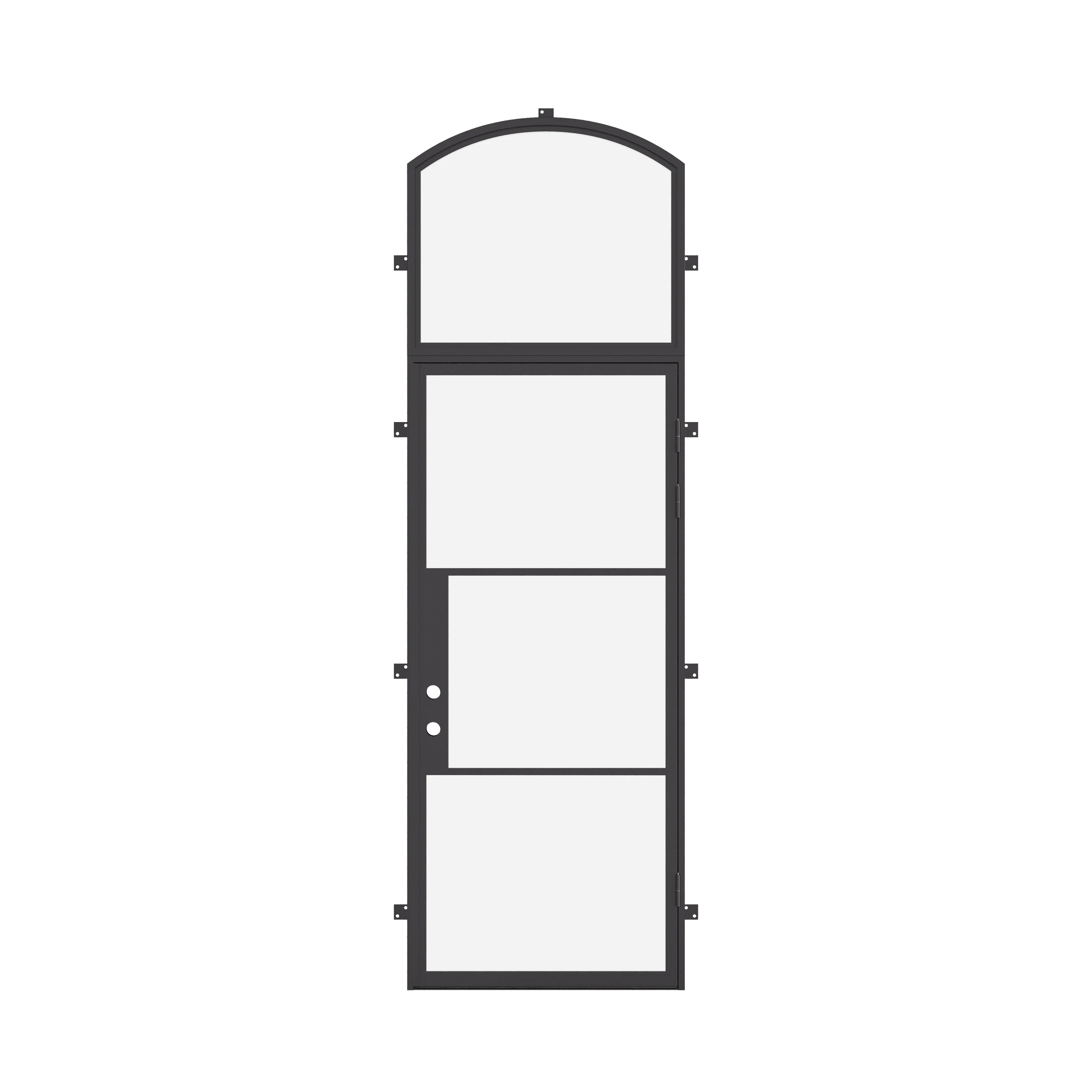 Contemporary exterior steel door with arch transom detail
