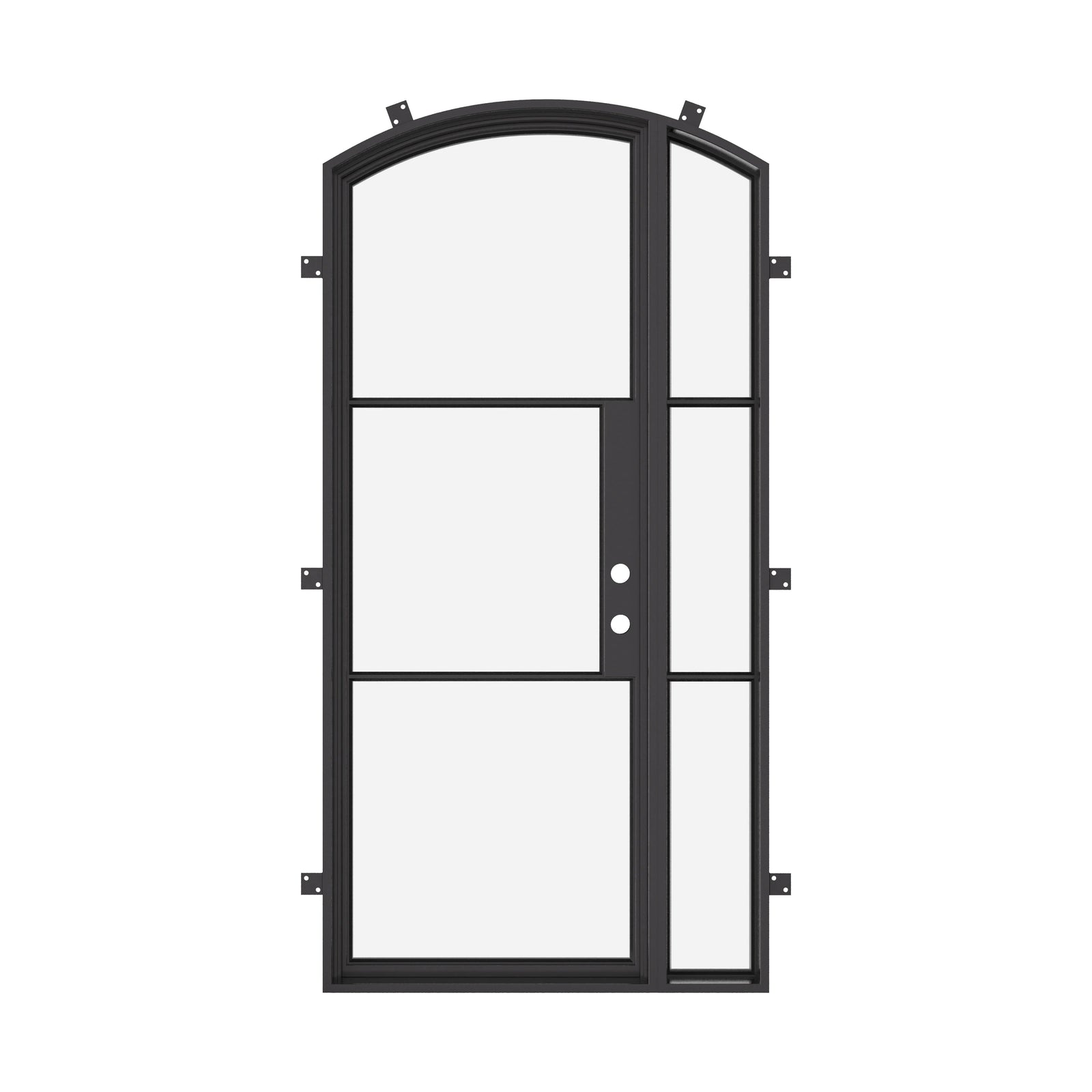 minimalist arched entry door with left glass panel and insulated build