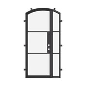 minimalist arched entry door with left glass panel and insulated build