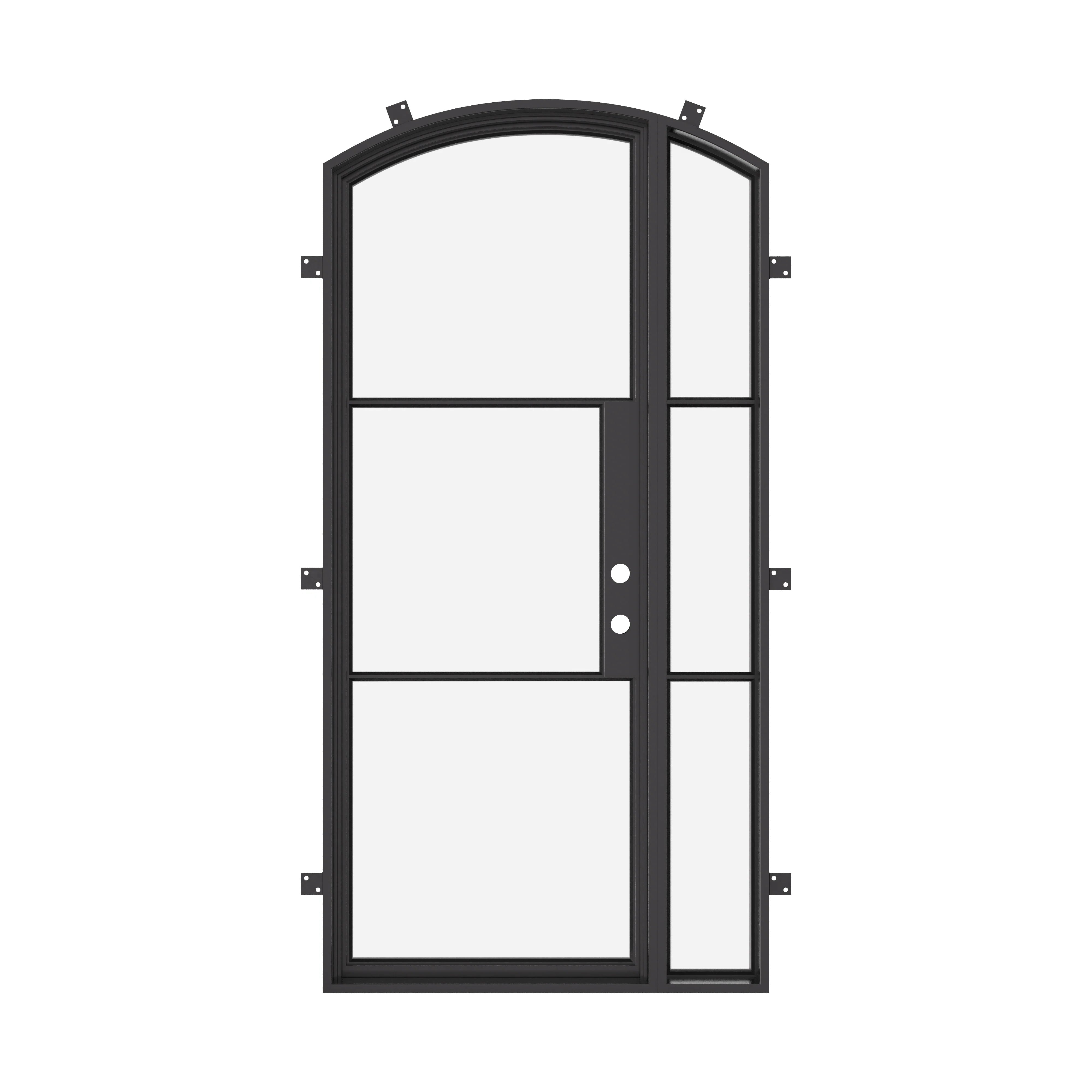 minimalist arched entry door with left glass panel and insulated build