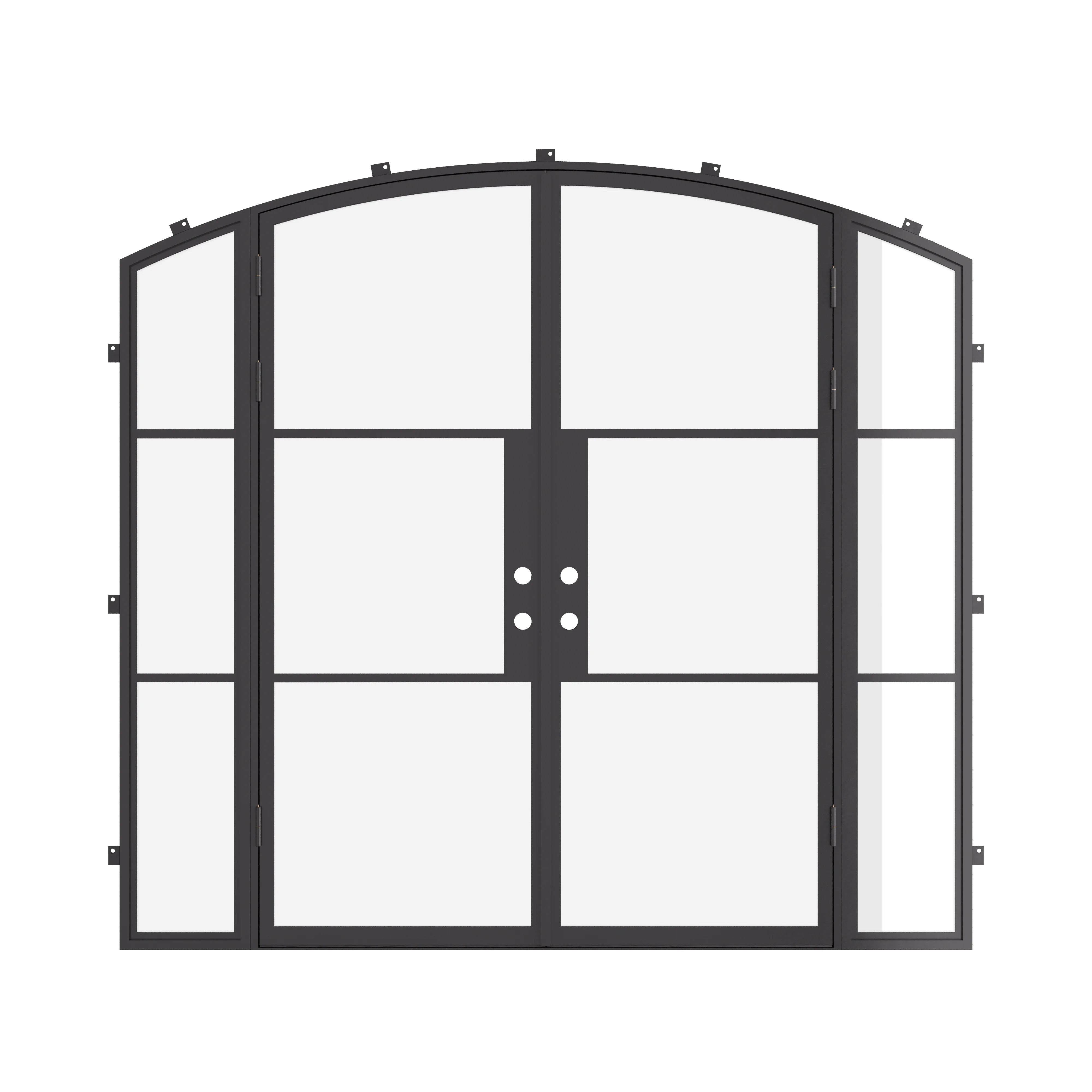 Thermally broken double arch steel entry door with side glass panels