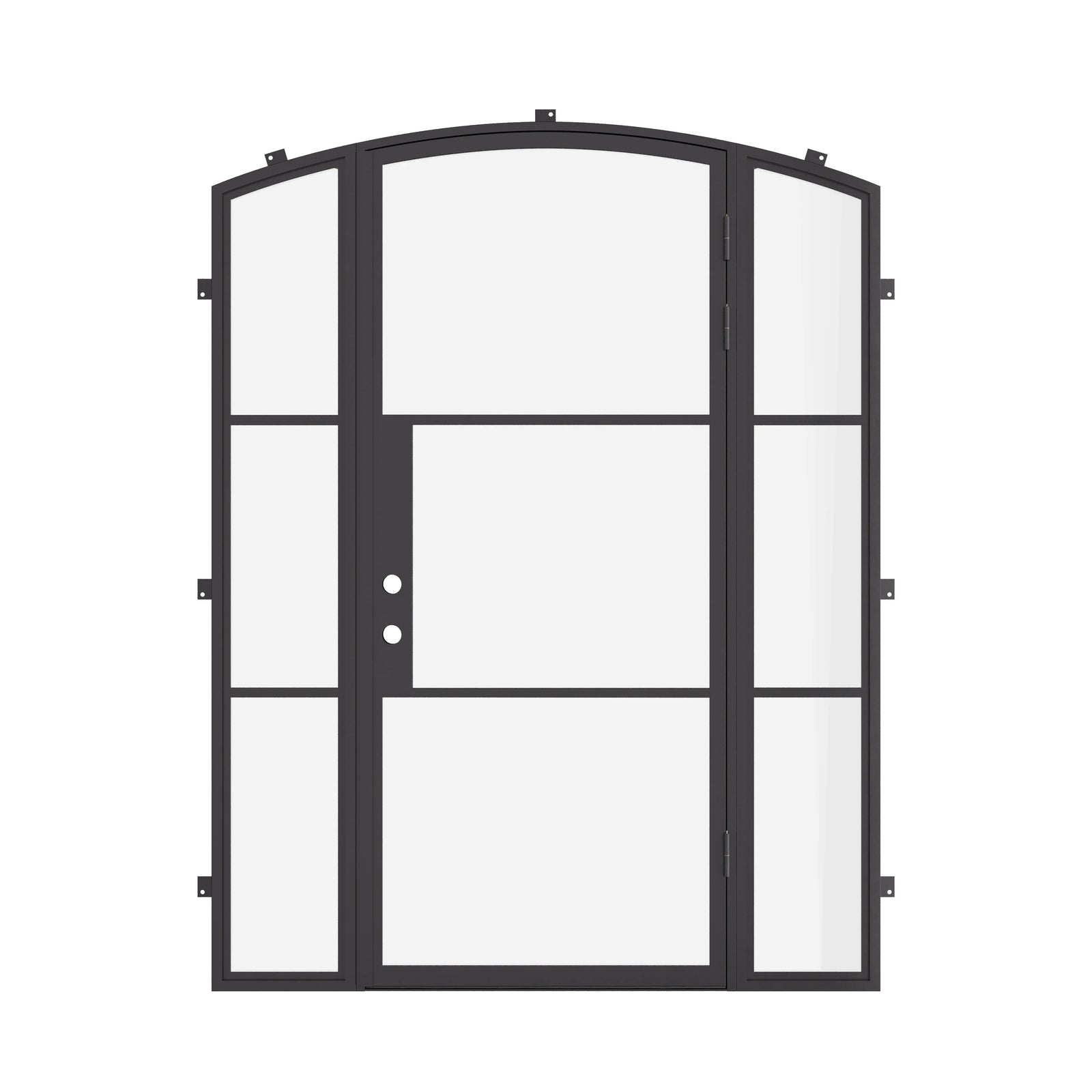 Energy efficient single arch steel entry door with sidelights