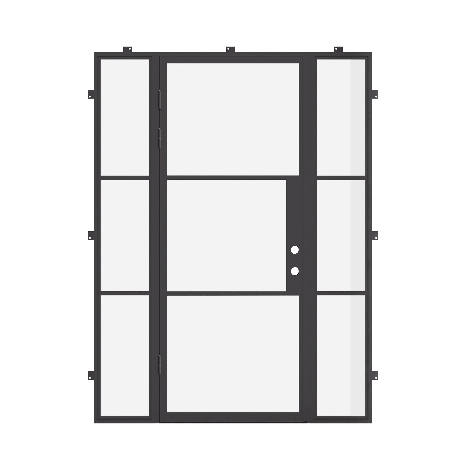 Exterior single steel door with thermal barrier and glass sidelights