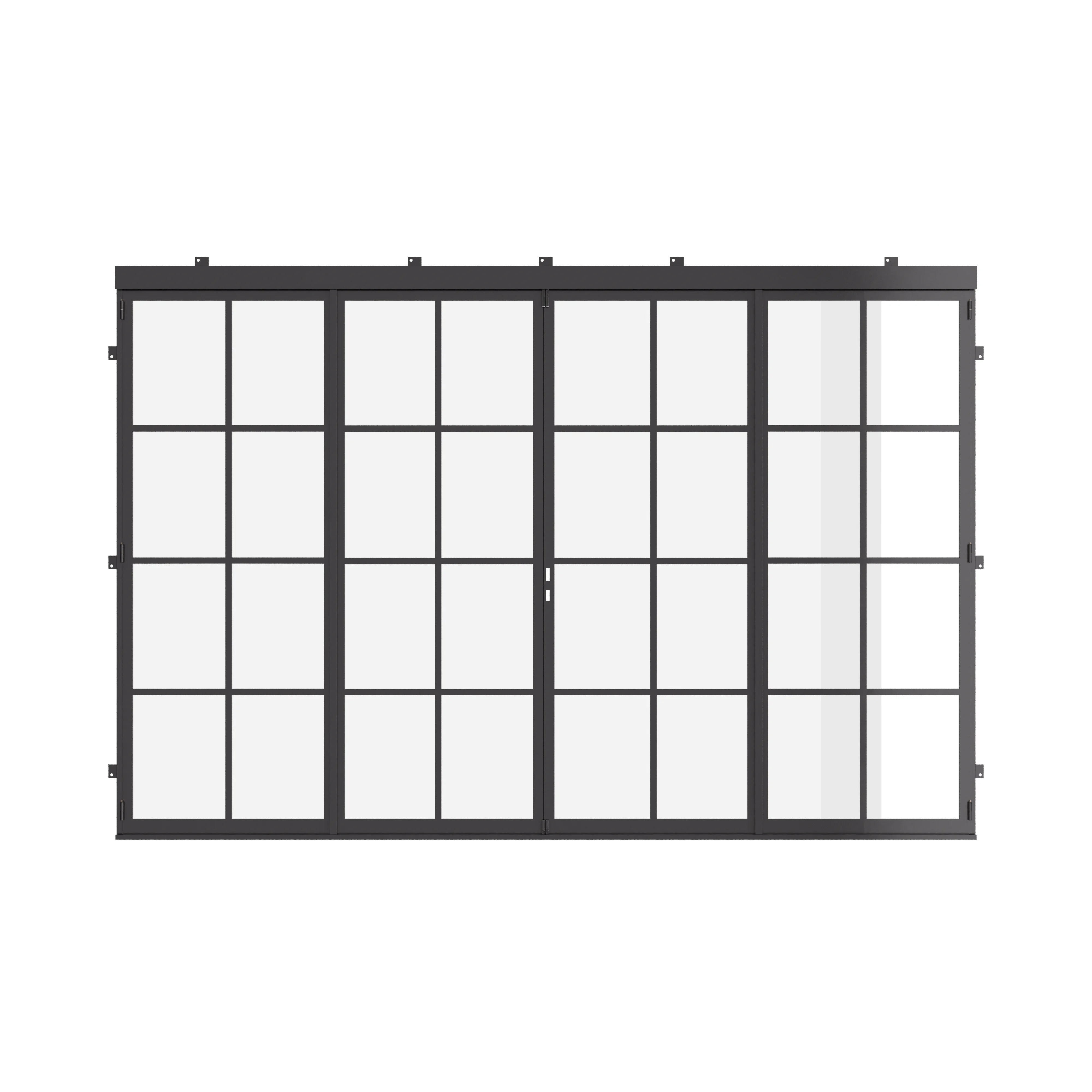 Air 5 exterior center split bi-fold door in architectural cold-rolled steel with glazed panels