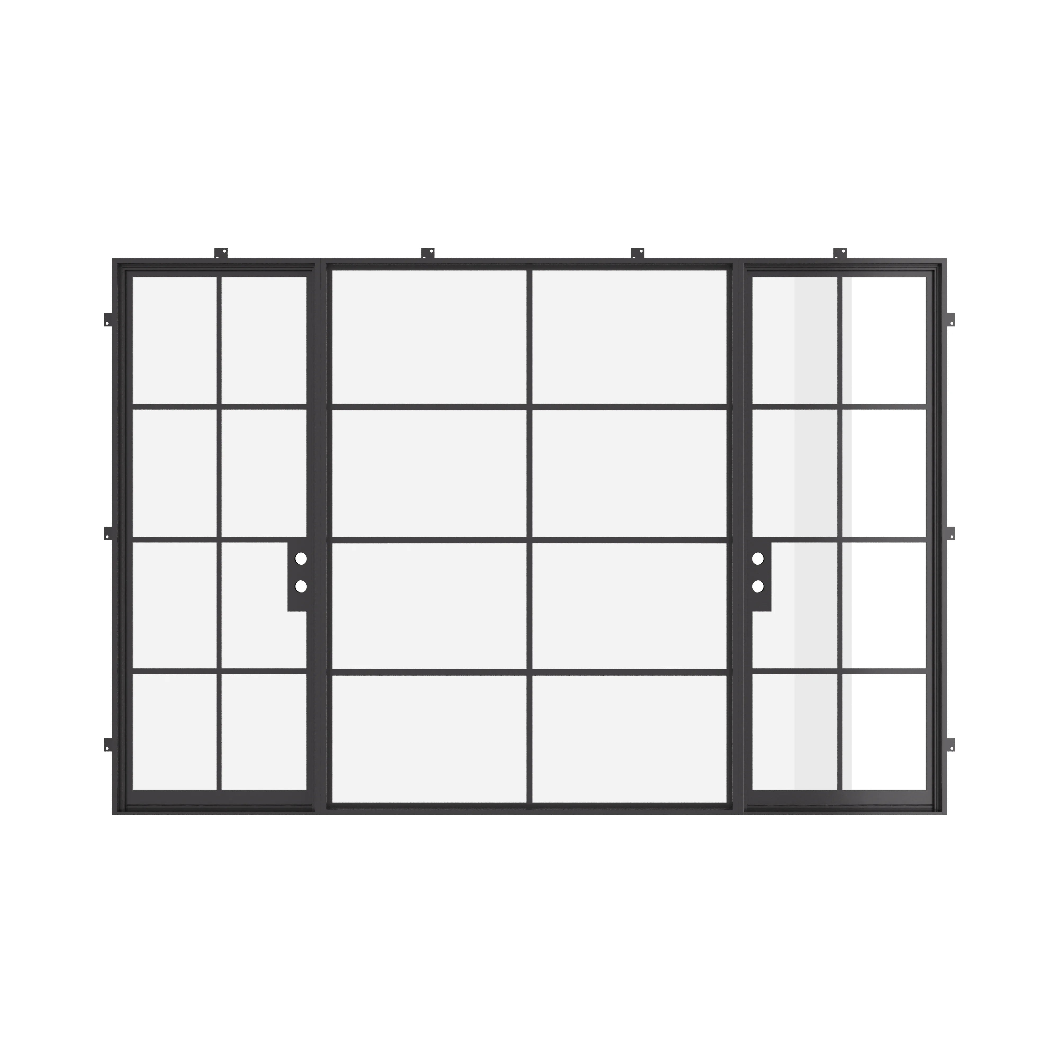 Contemporary dual single steel doors with middle fixed lite and insulated glazing