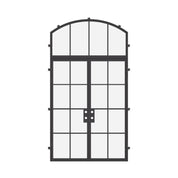 Double flat prehung steel doors with curved transom window, cold-rolled steel and tempered glass