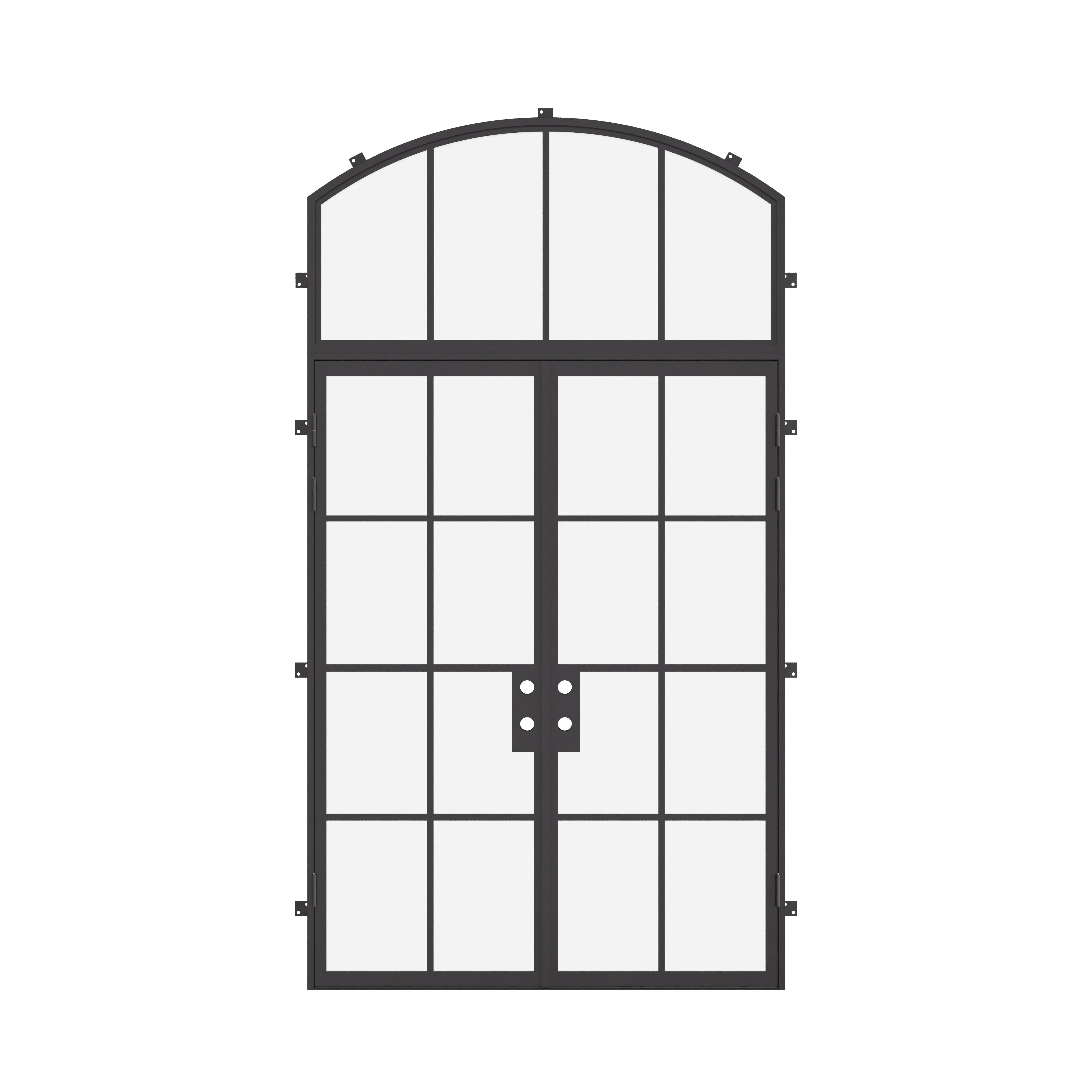 Double flat prehung steel doors with curved transom window, cold-rolled steel and tempered glass