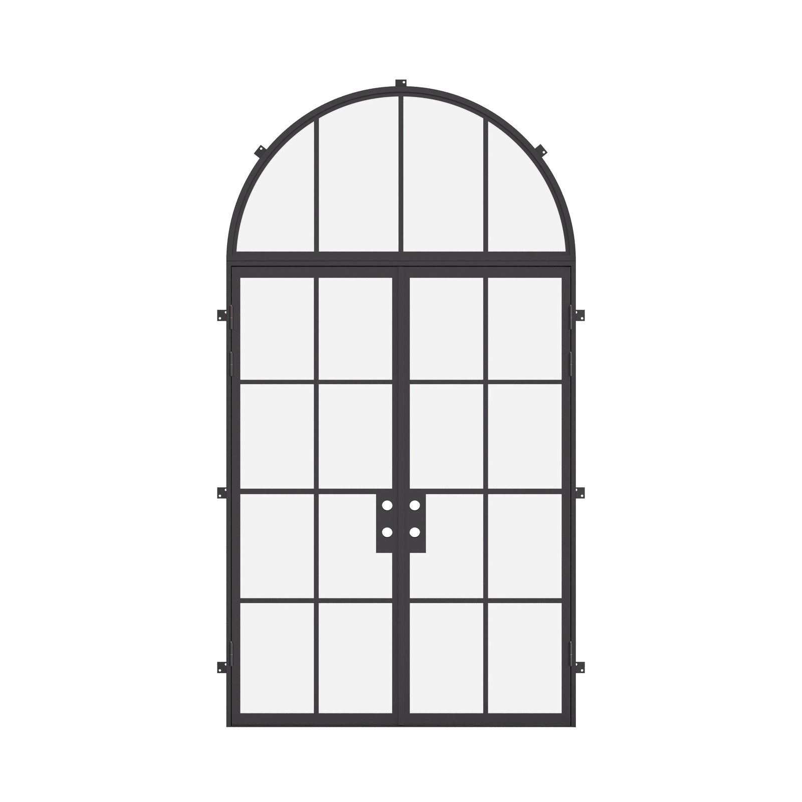 Double flat steel entry doors with full arch transom, tempered glass panels and architectural construction