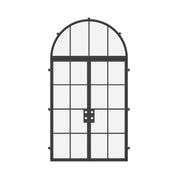 Double flat steel entry doors with full arch transom, tempered glass panels and architectural construction