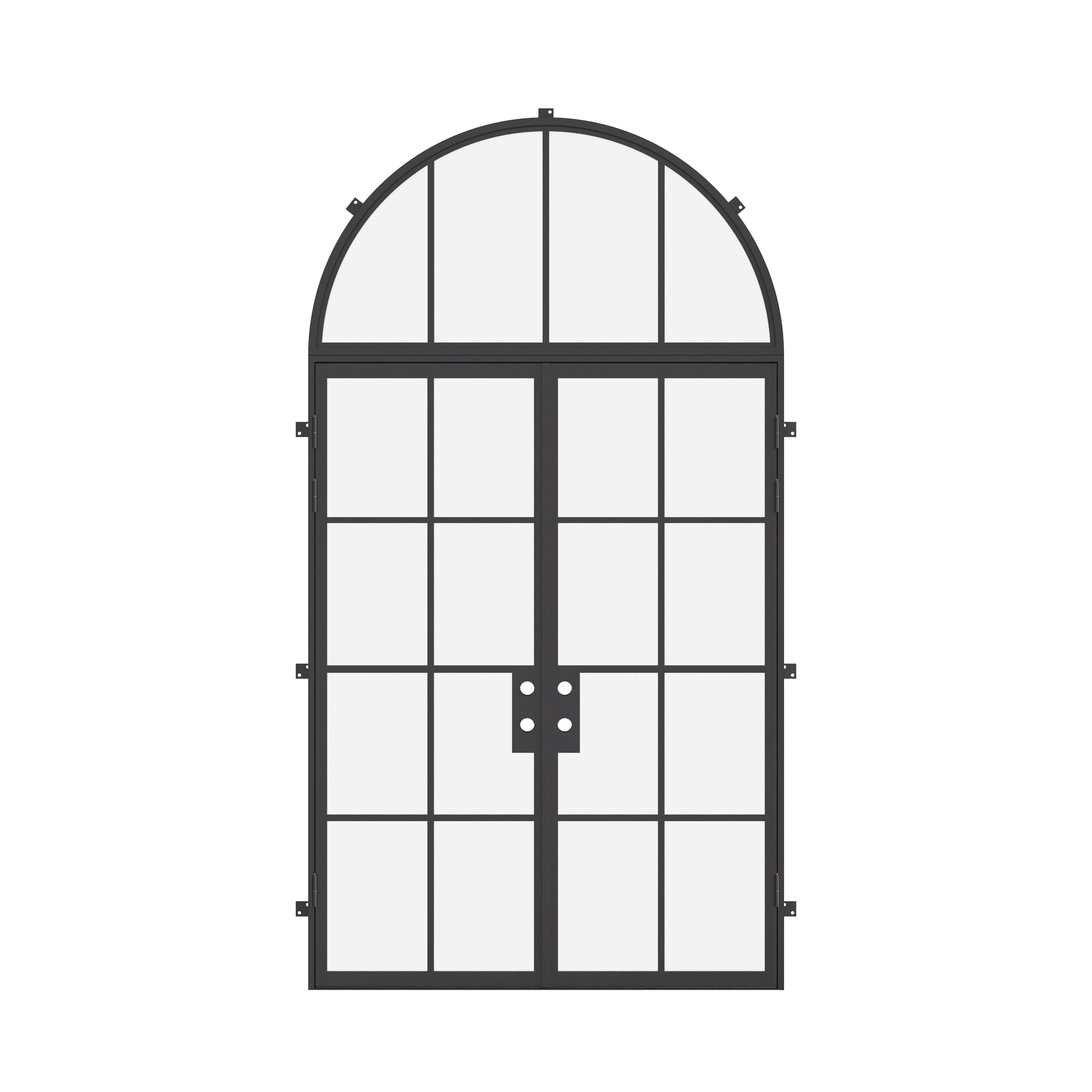 Double flat steel entry doors with full arch transom, tempered glass panels and architectural construction