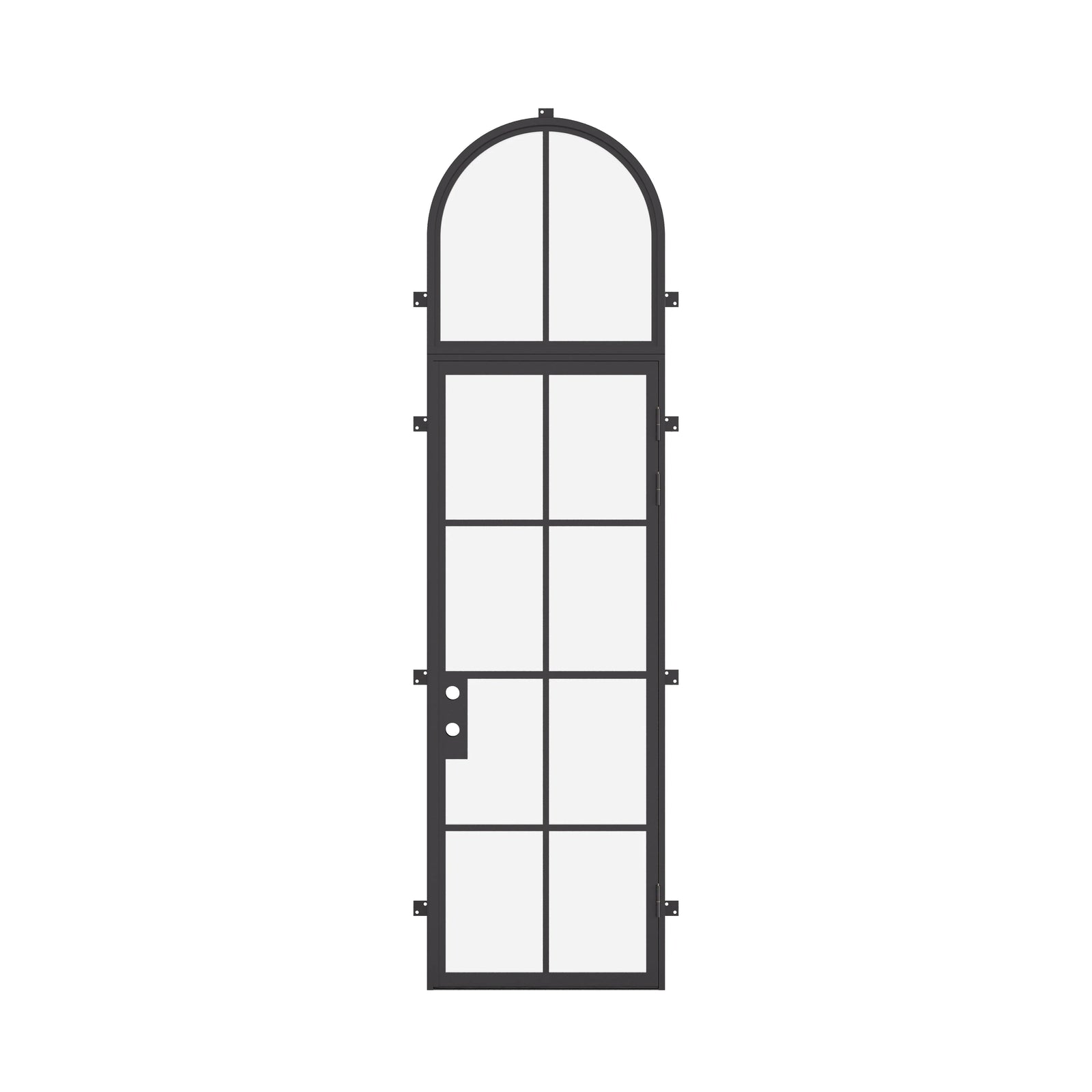 Single flat prehung steel door with full arch top light, cold-rolled construction