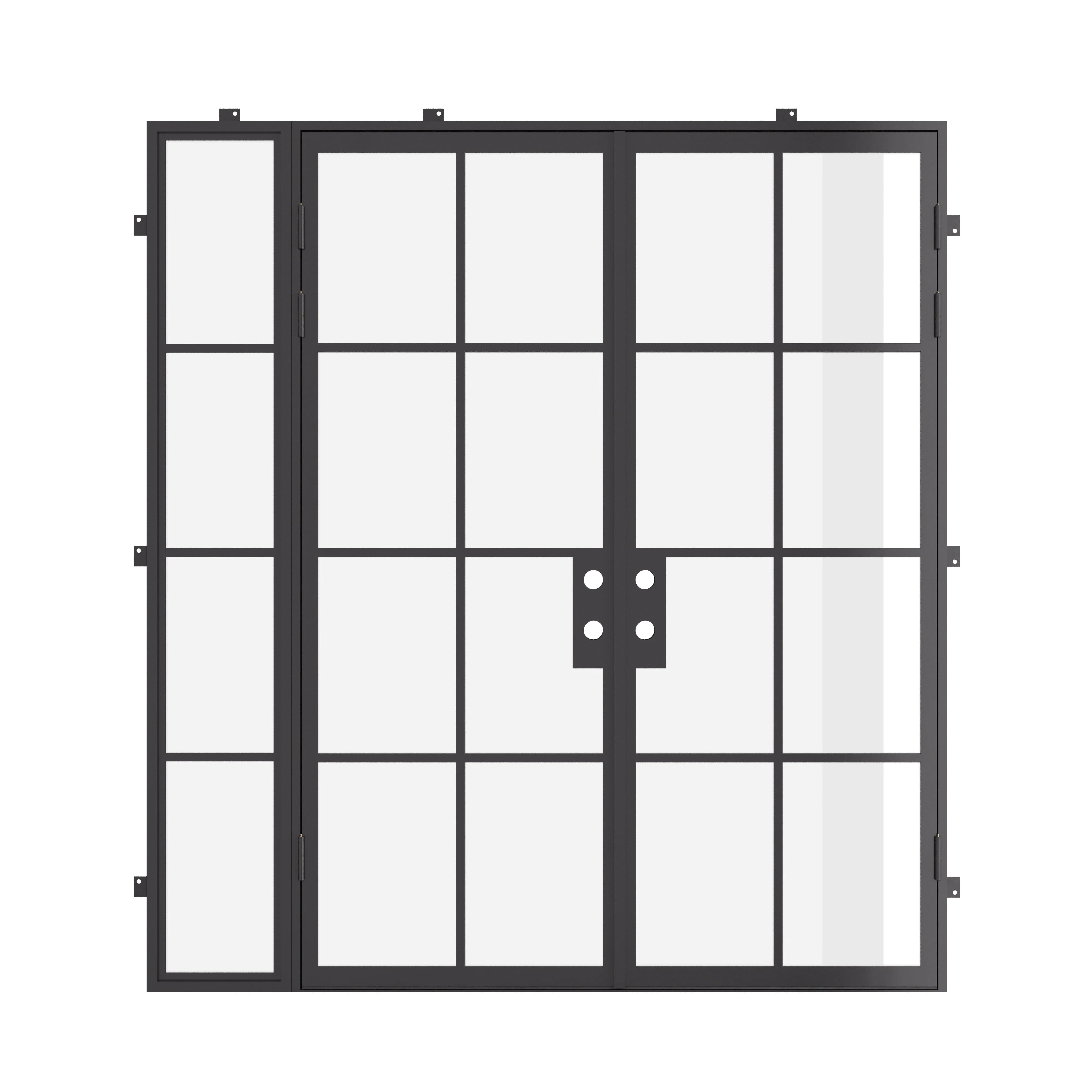 Modern double flat steel front doors with left side window, NFRC certified architectural steel and tempered glass