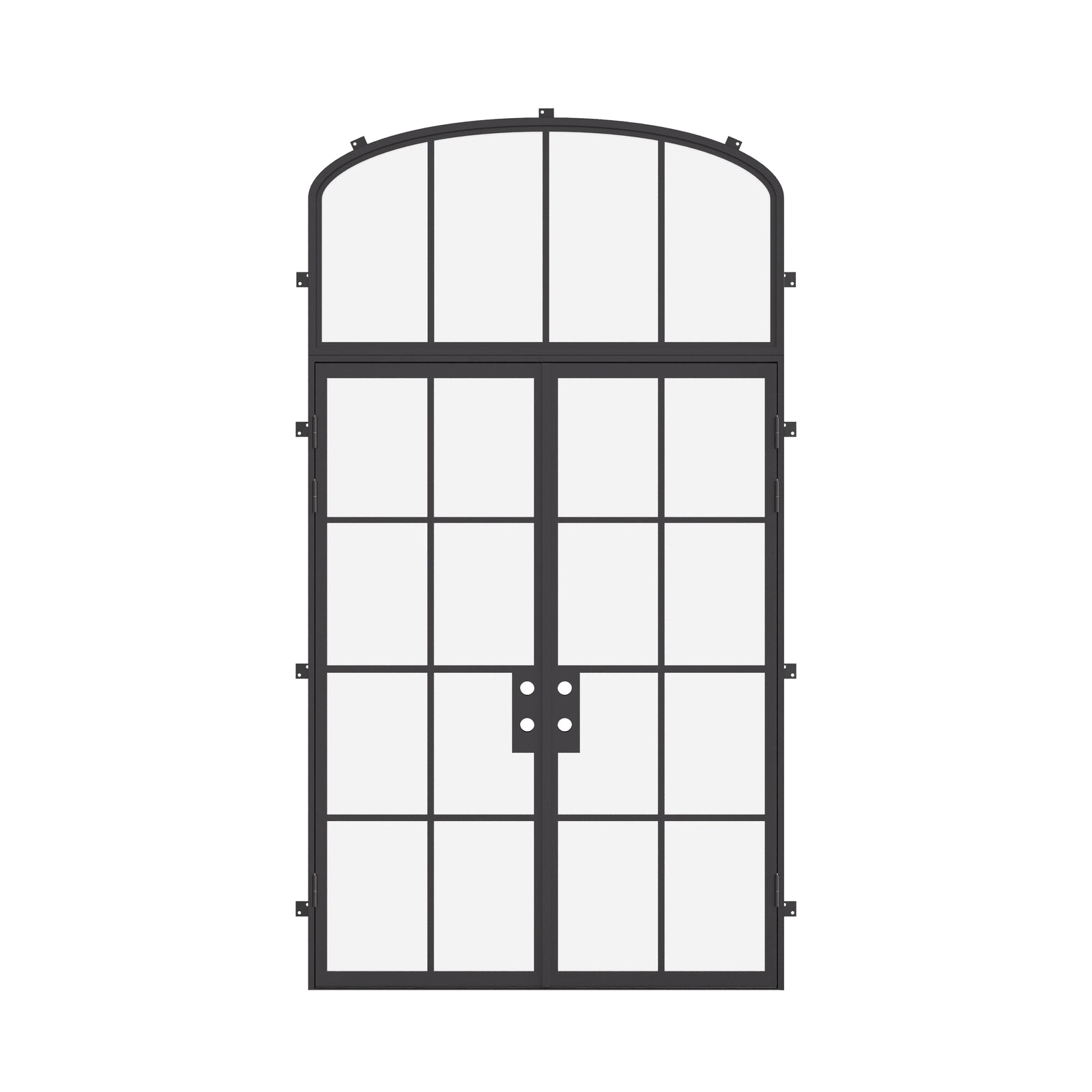Double flat architectural steel doors with mini arch window above, NFRC certified dual-pane glazing