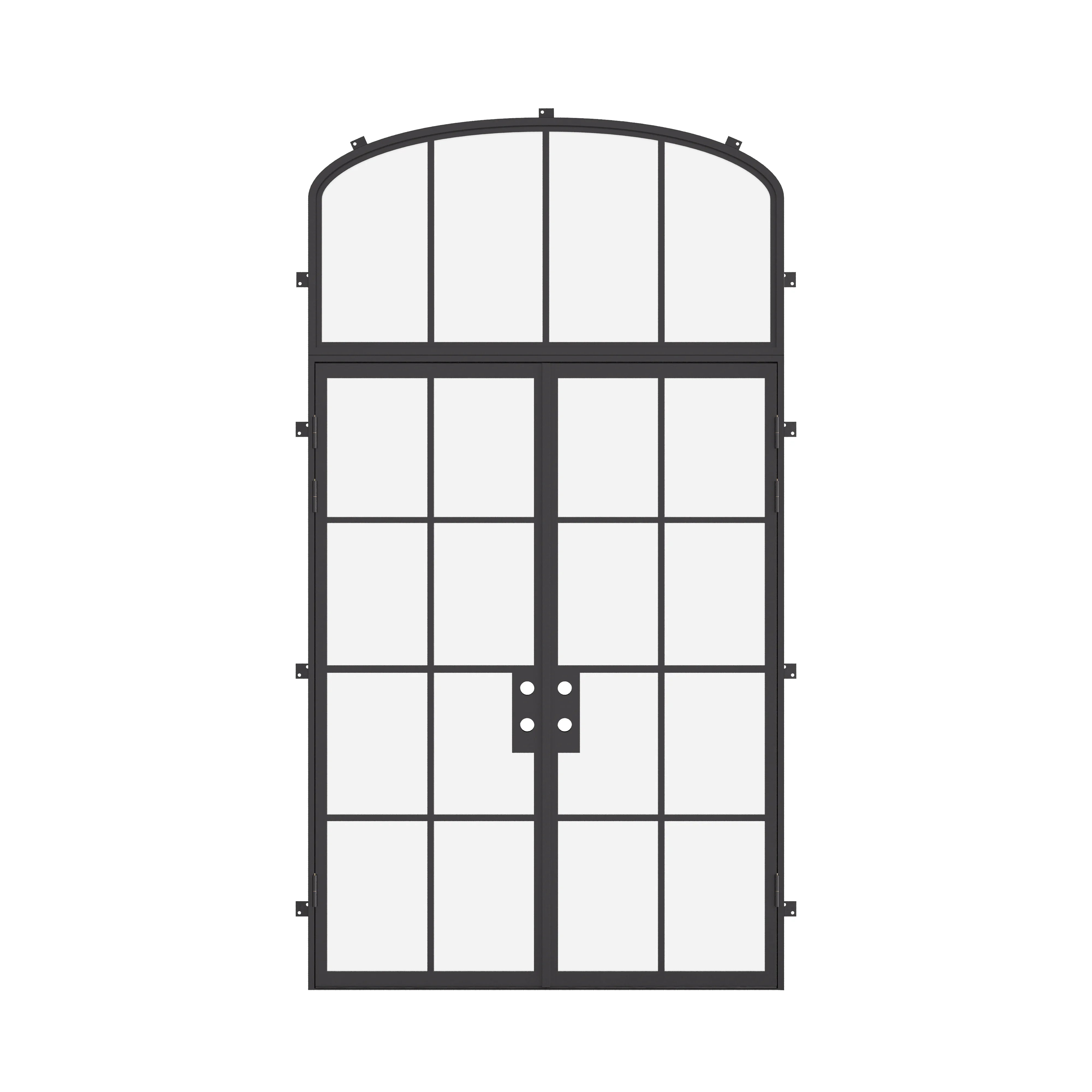 Double flat architectural steel doors with mini arch window above, NFRC certified dual-pane glazing