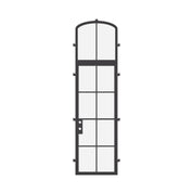 Modern single flat steel entry door with mini arch transom, cold-rolled frame and tempered glass