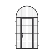 minimalist steel entry door with sidelights and arched transom and thermal separation