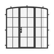 Contemporary single mini arch steel door with sidelights and tempered glass panels
