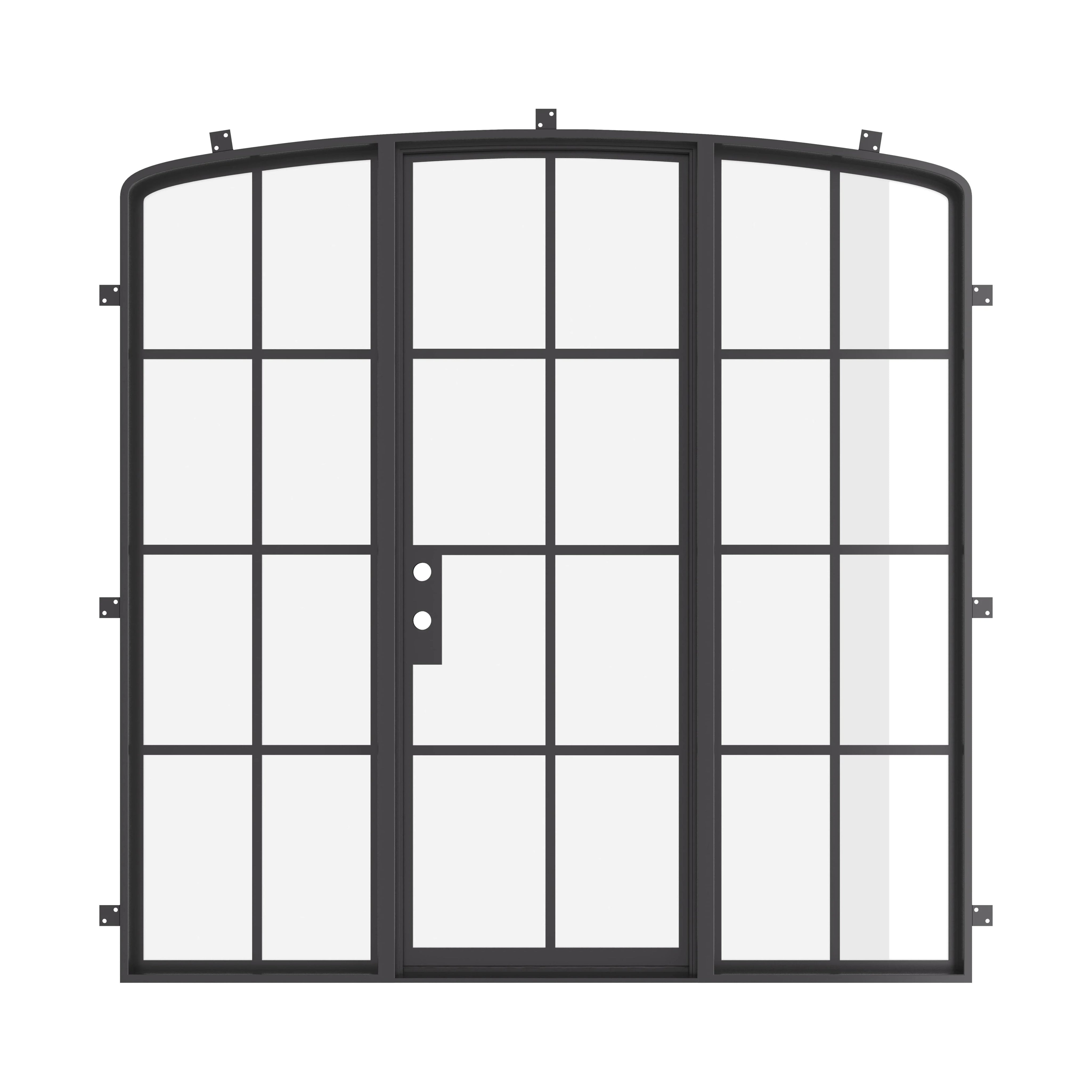 Contemporary single mini arch steel door with sidelights and tempered glass panels