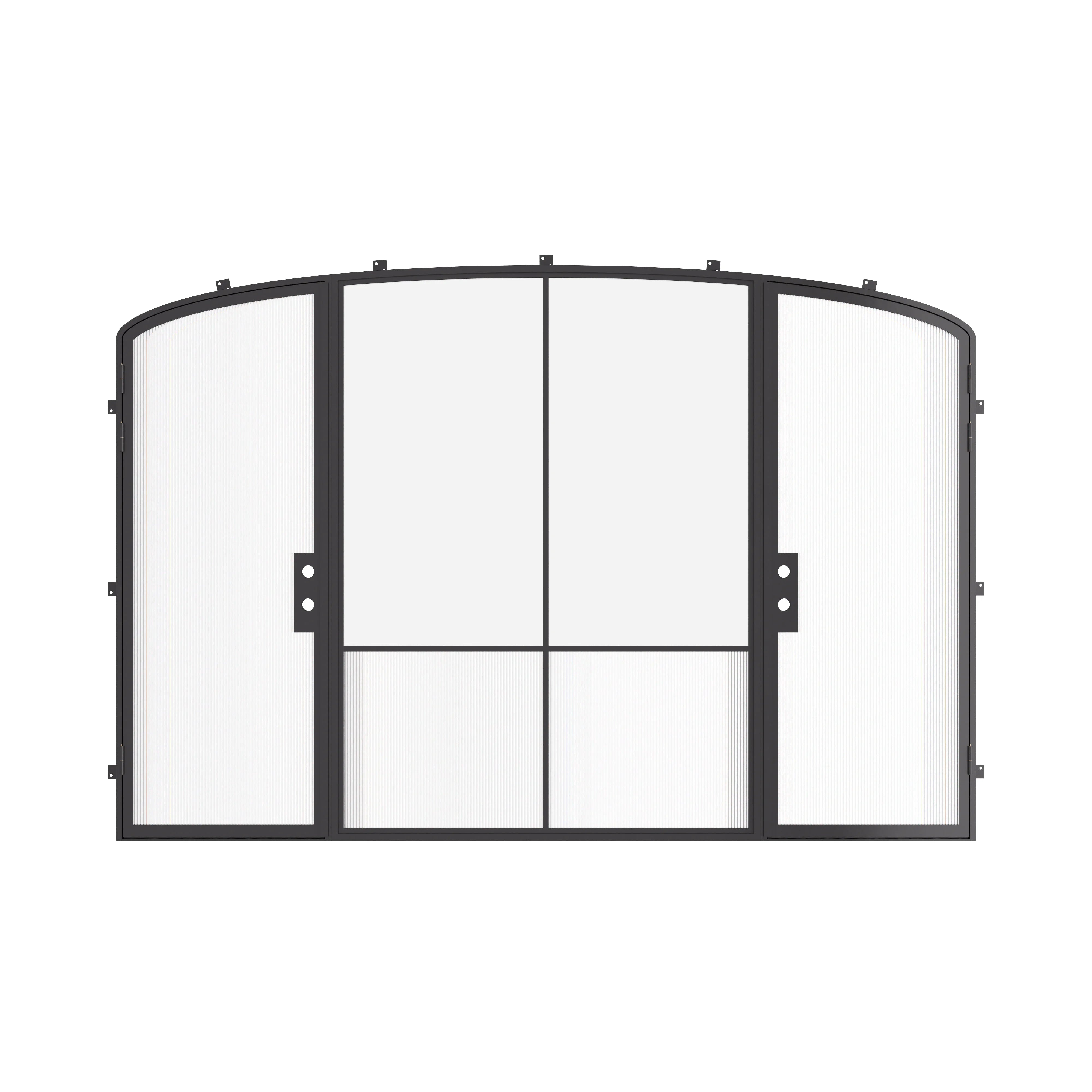 Luxury exterior steel double doors with center mini arch glass panel, galvanized steel frame with energy-efficient glazing