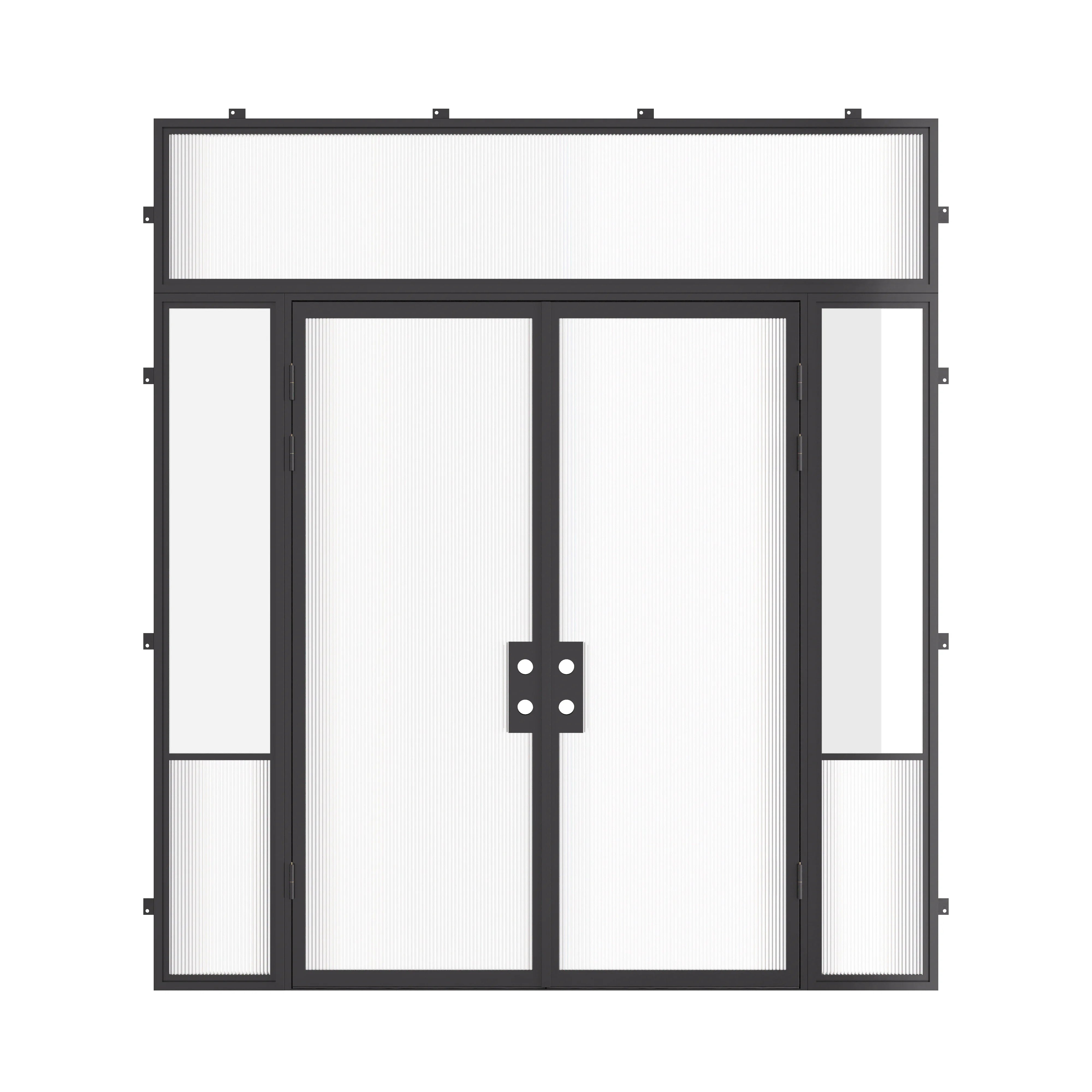 Luxury thermal break steel double entry doors with sidelights and flat top window, energy efficient insulated steel frame