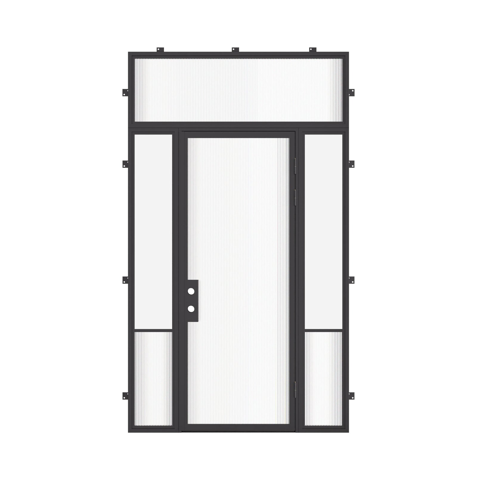 Air Grand thermal break steel front door with sidelights and flat transom window, galvanized exterior steel and energy-efficient Low-E glazing