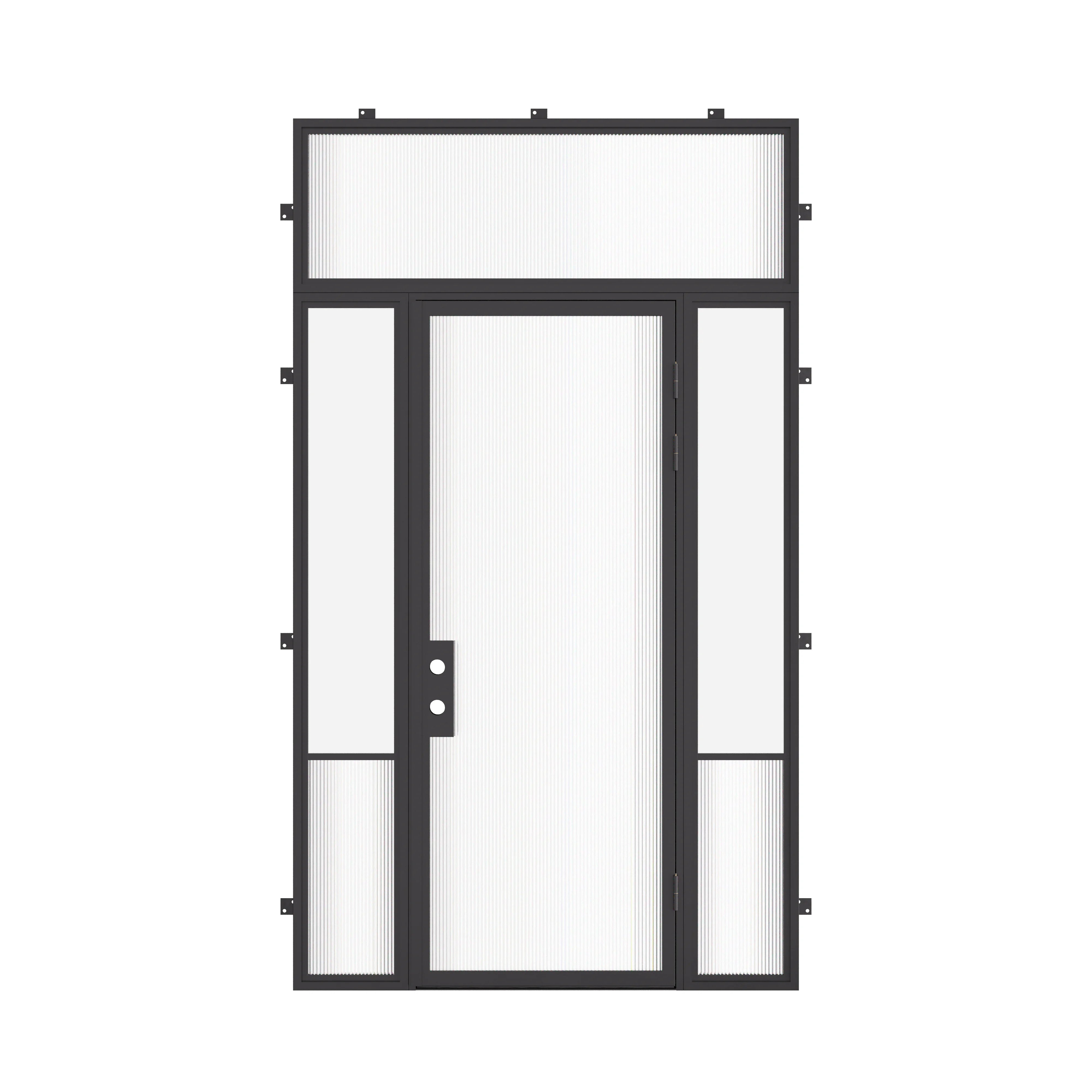 Air Grand architectural steel entry door with sidelights and flat transom window using galvanized steel and dual-pane Low-E glass