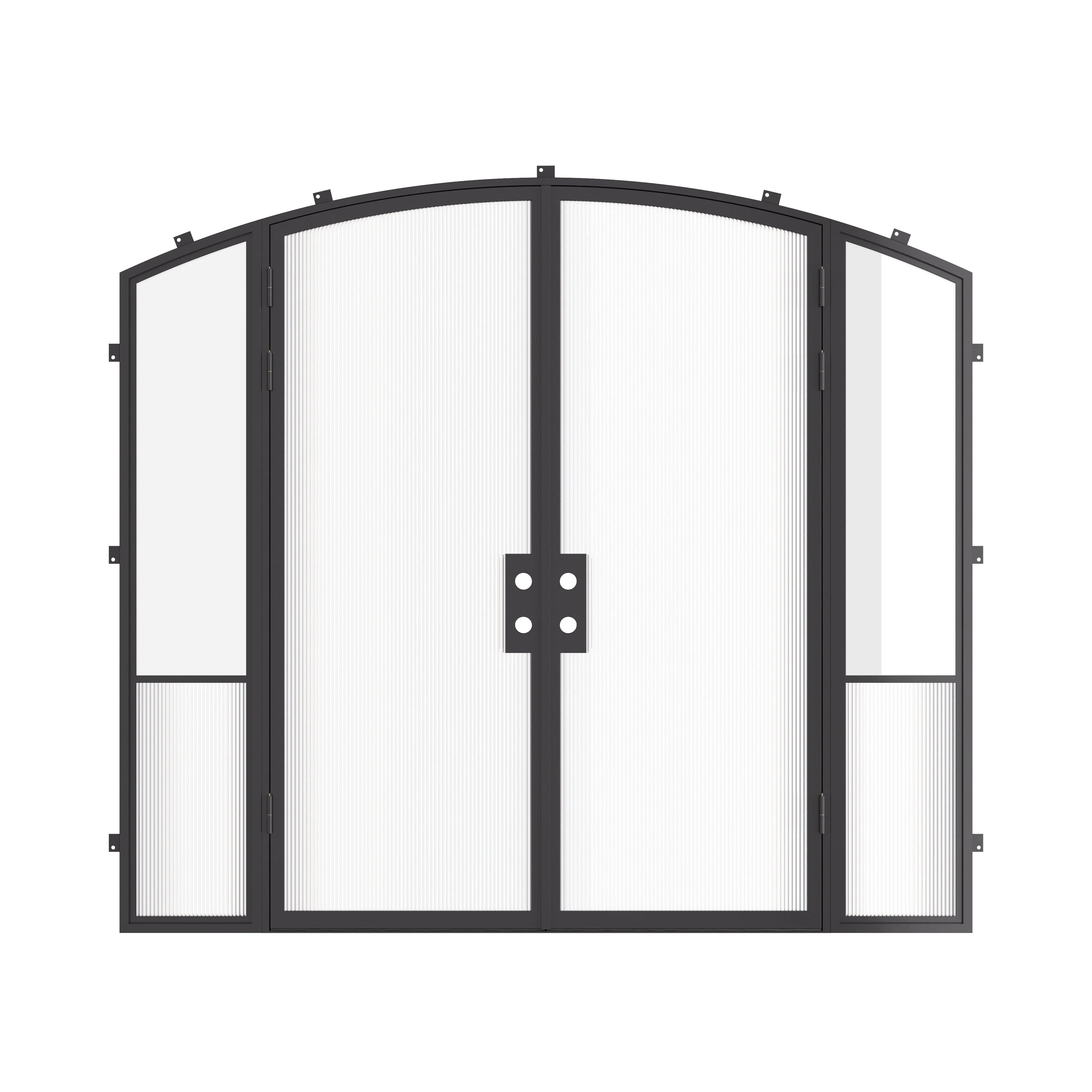 Luxury architectural steel double arch entry doors with sidelights, Air Grand insulated Low-E tempered glass glazing
