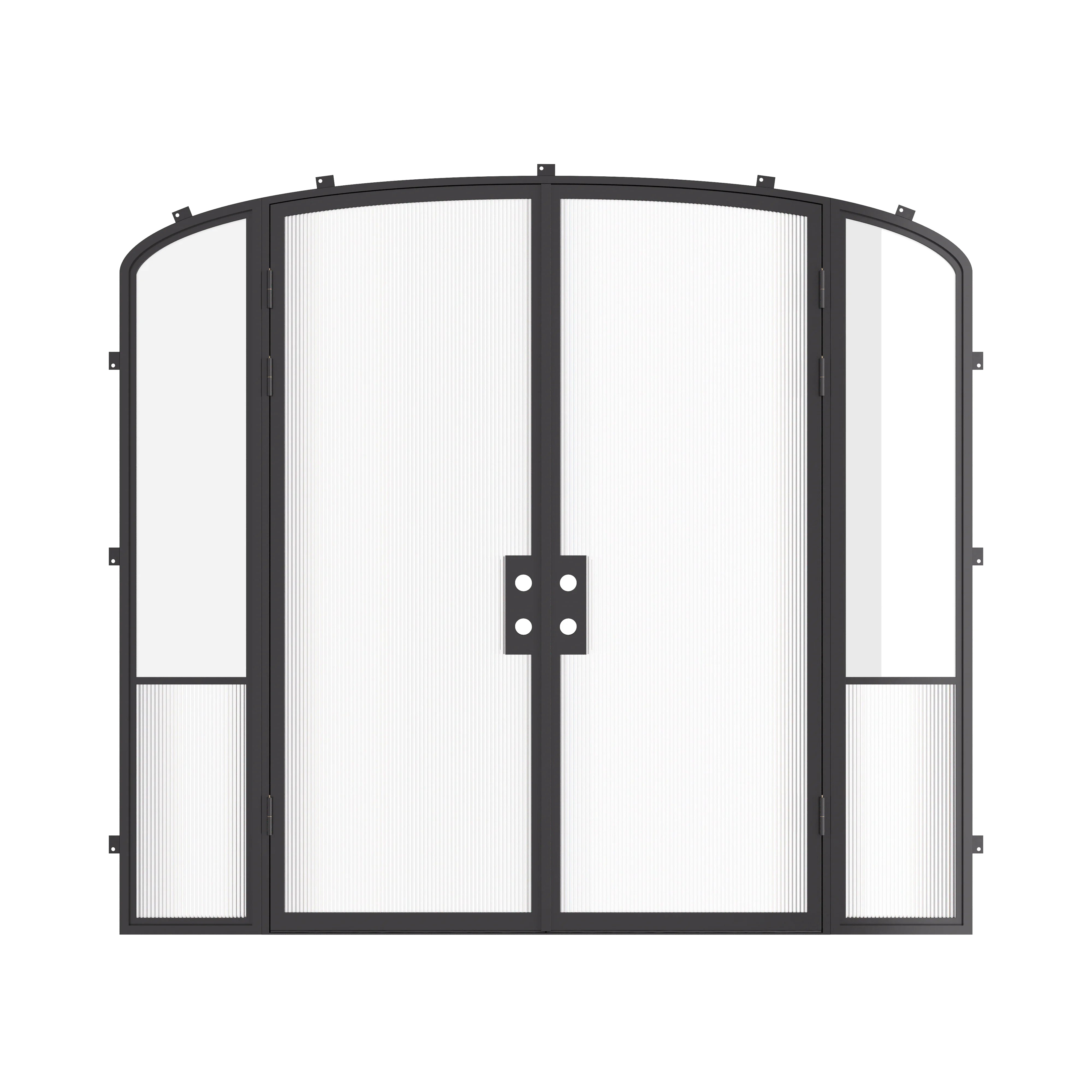 Luxury exterior steel double doors with mini arch tops and sidelights, galvanized steel frame with insulated glazing