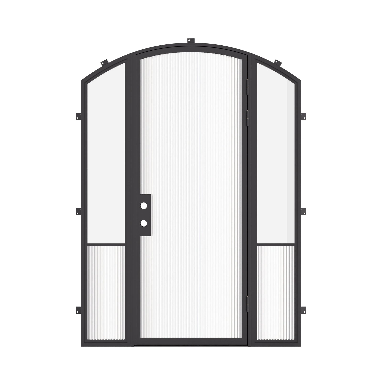 Luxury steel entry door with arch and side windows, galvanized steel frame with energy efficient glass panels