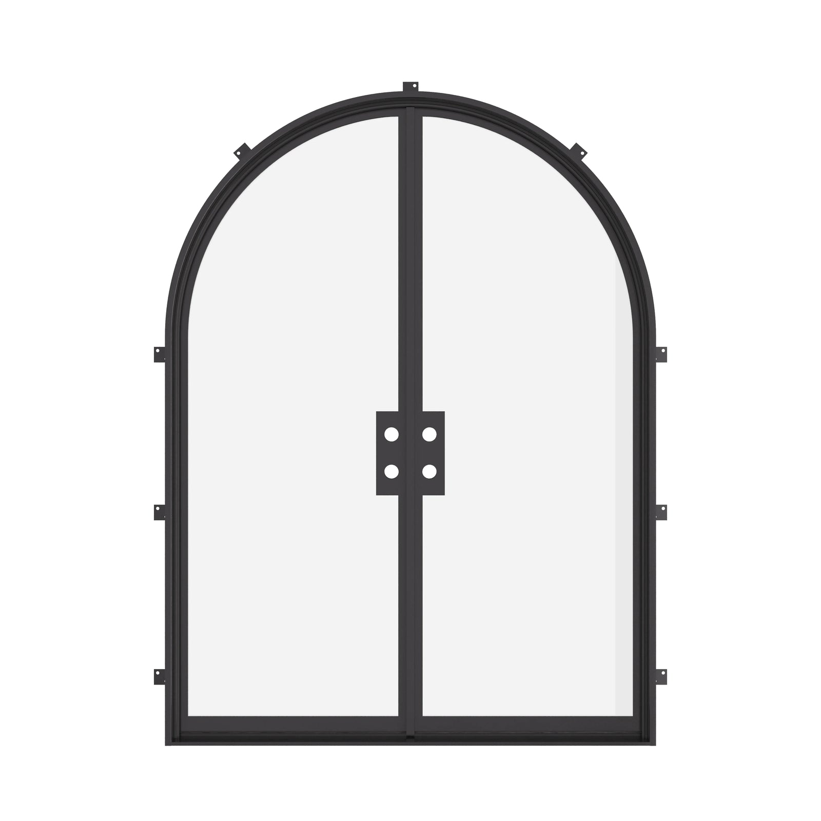 Cold-rolled steel double arch doors with slim profiles and NFRC data.