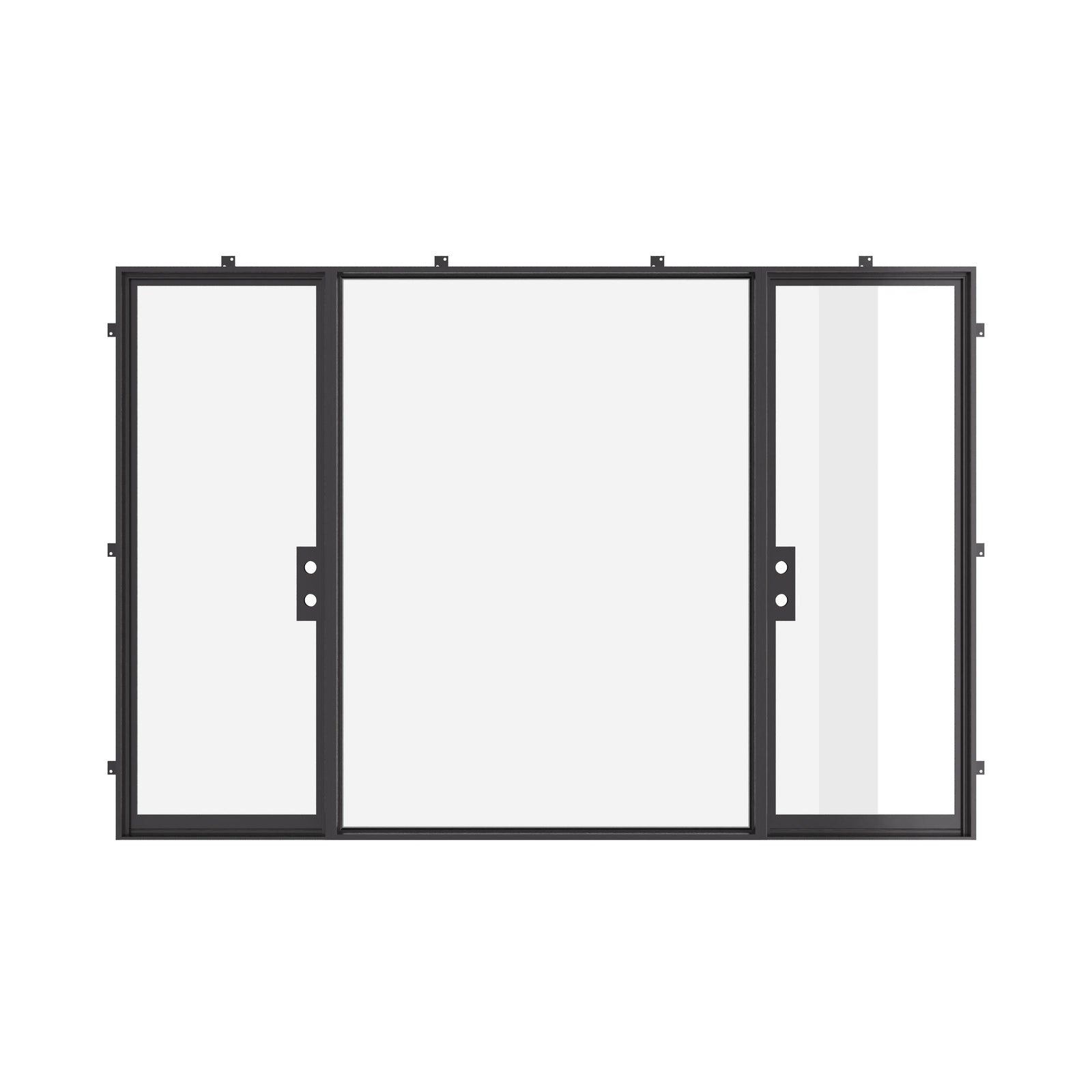 Dual single architectural steel doors with thermal barrier and center lite.
