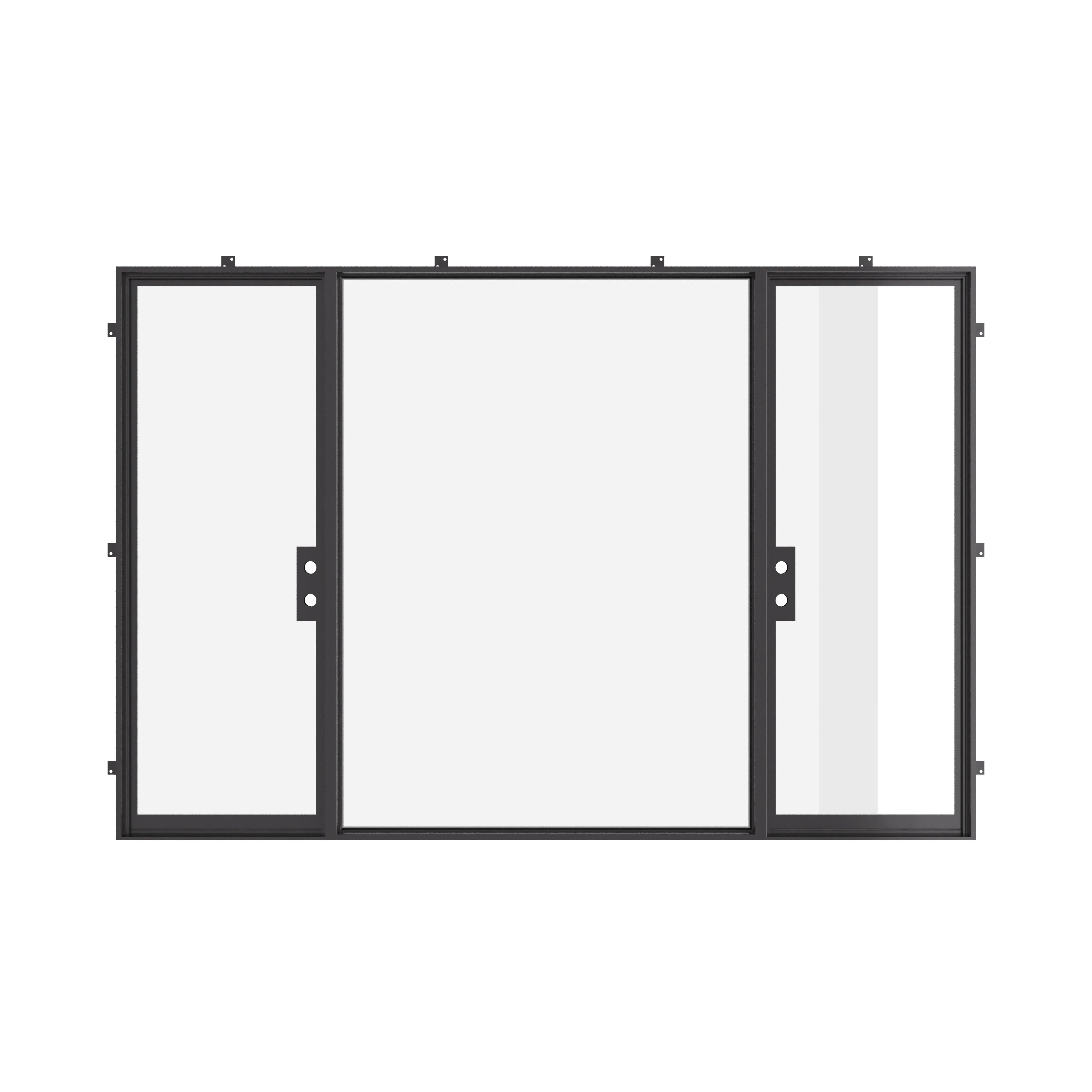 Dual single architectural steel doors with thermal barrier and center lite.