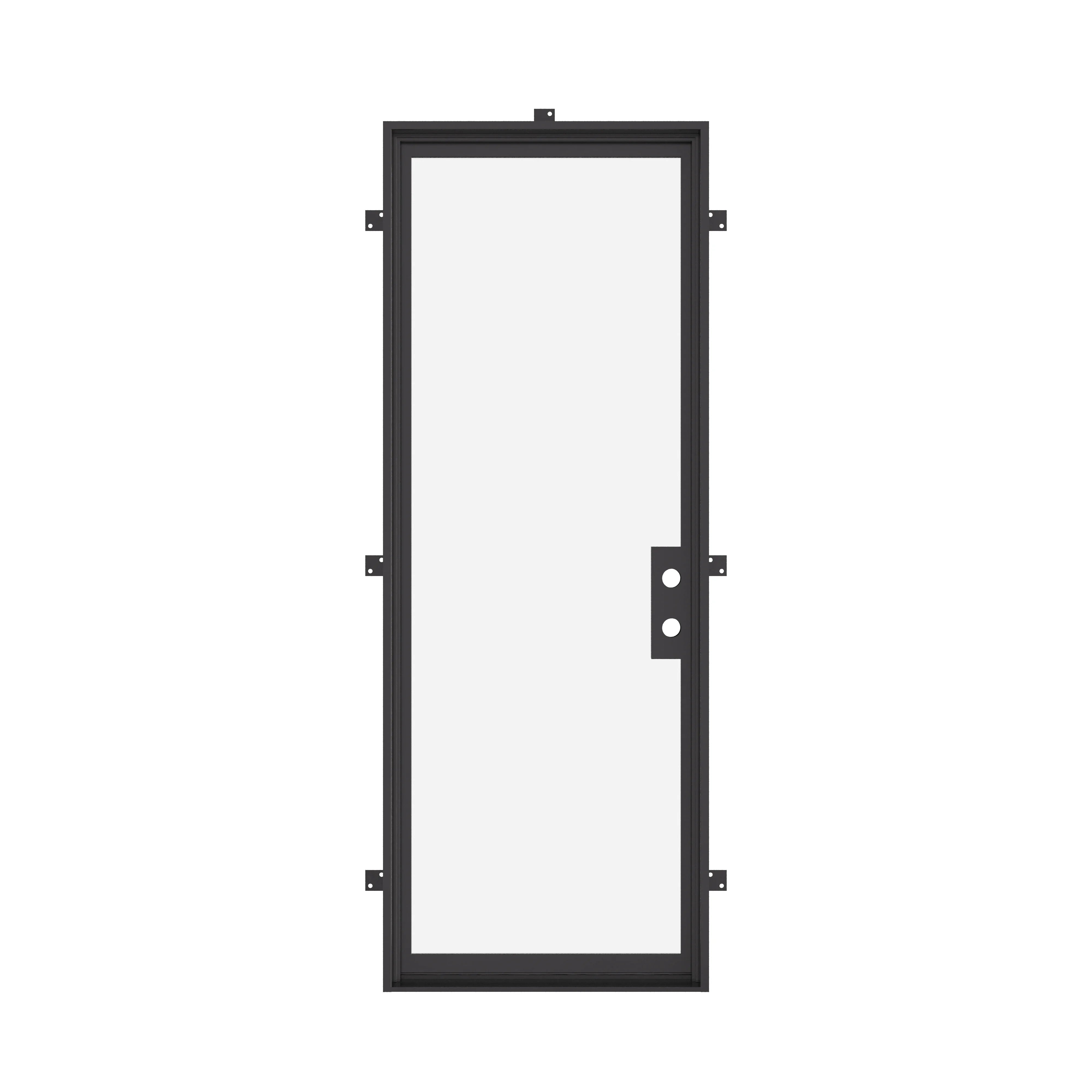 NFRC-rated flat steel door with narrow frame profile.