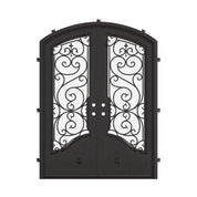 Beverly iron door in bronze shade with glass and arch top.