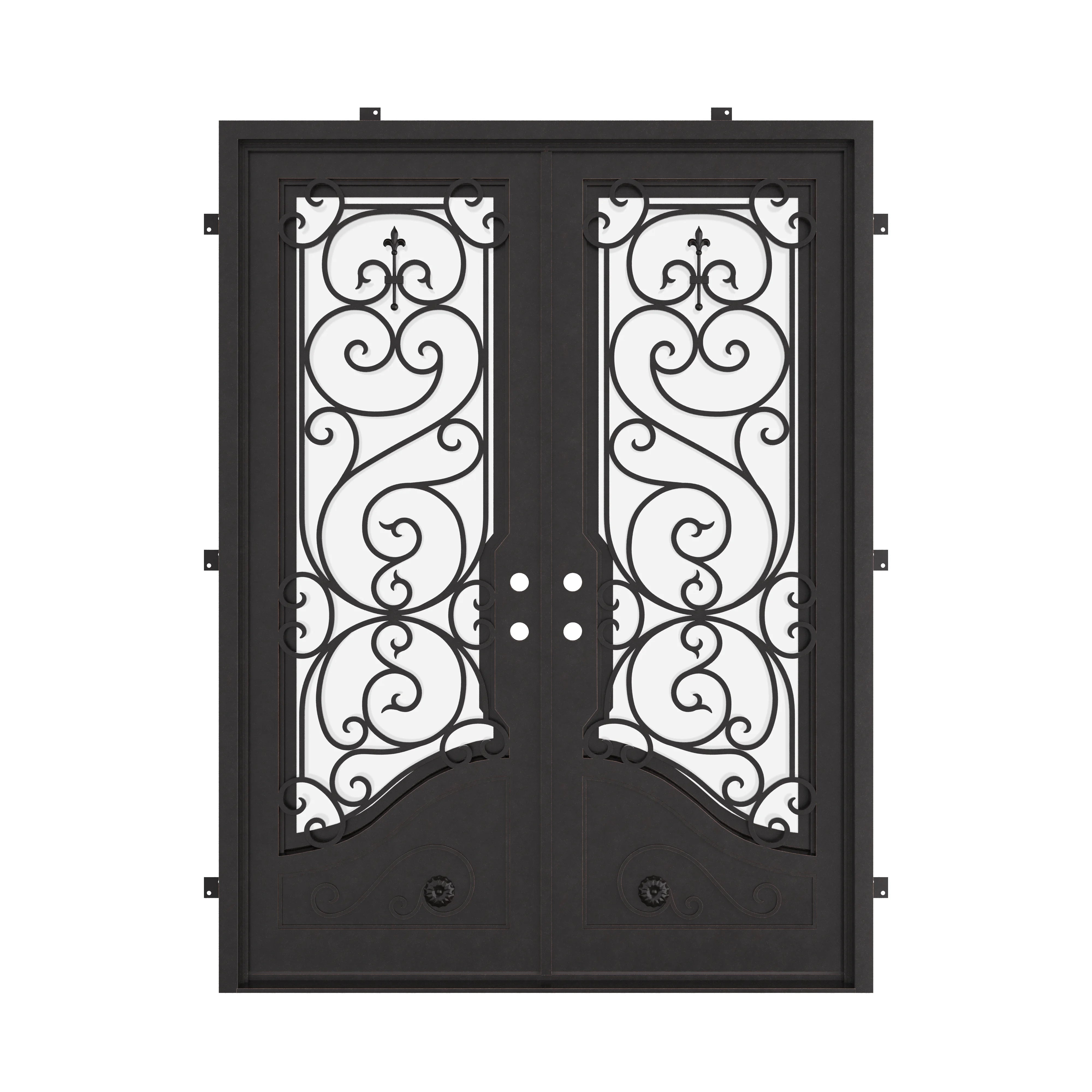 Beverly bronze color iron double door with square top and thick tempered glass.