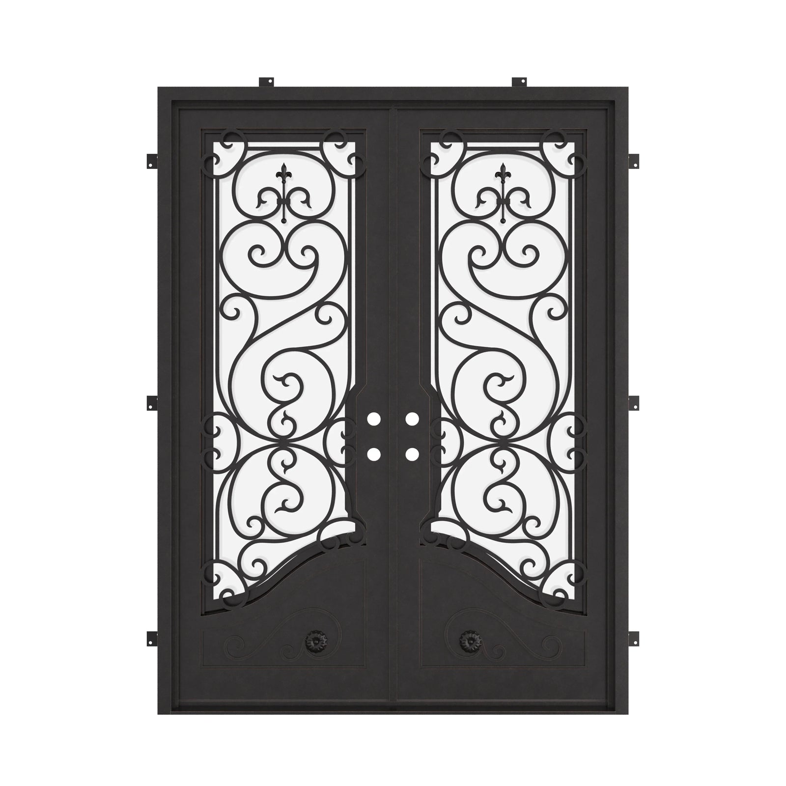 Beverly bronze color wrought iron double door with square top and energy efficient glass.