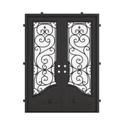 Beverly bronze color wrought iron double door with square top and energy efficient glass.