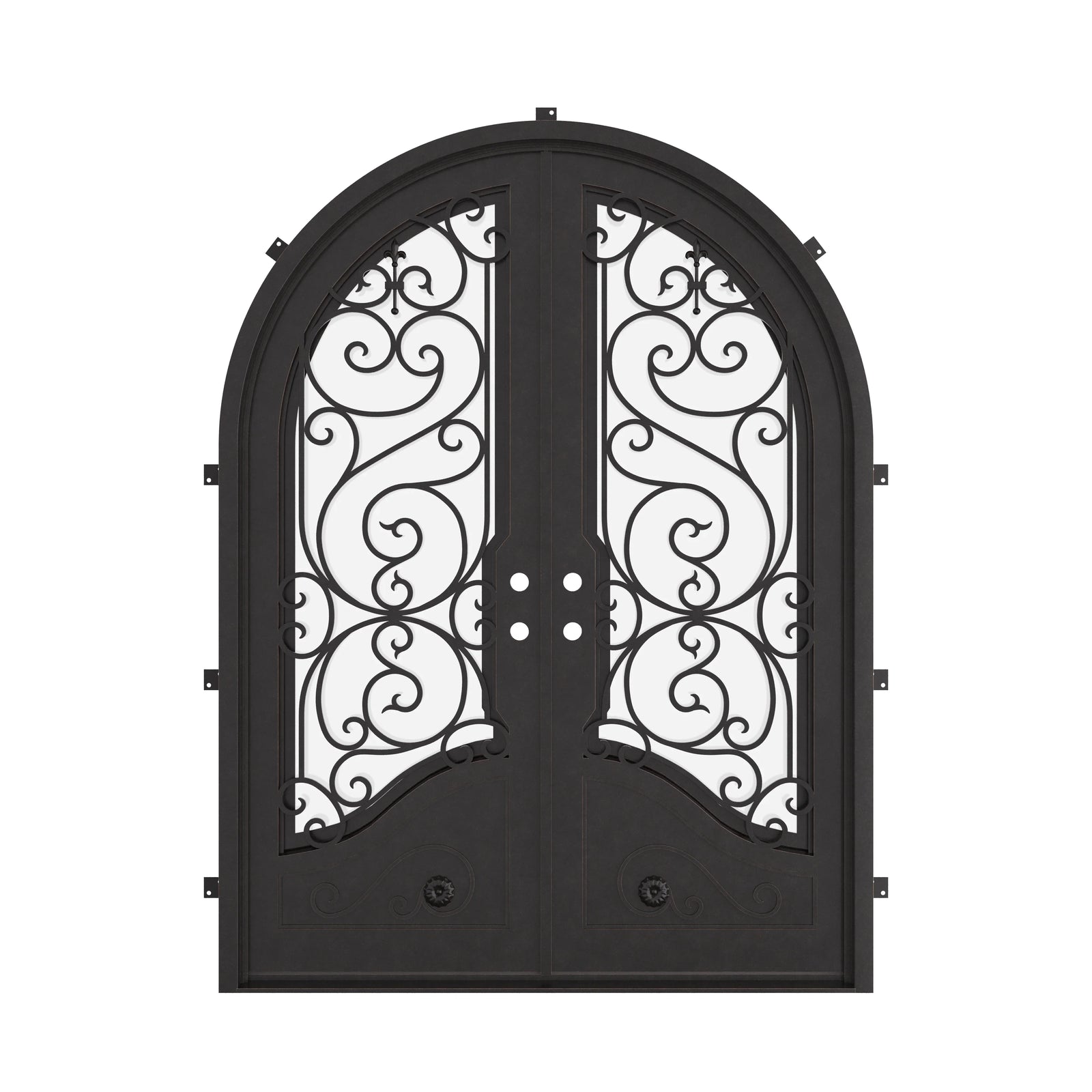 Beverly round top iron door with clear glass and thermal barrier.