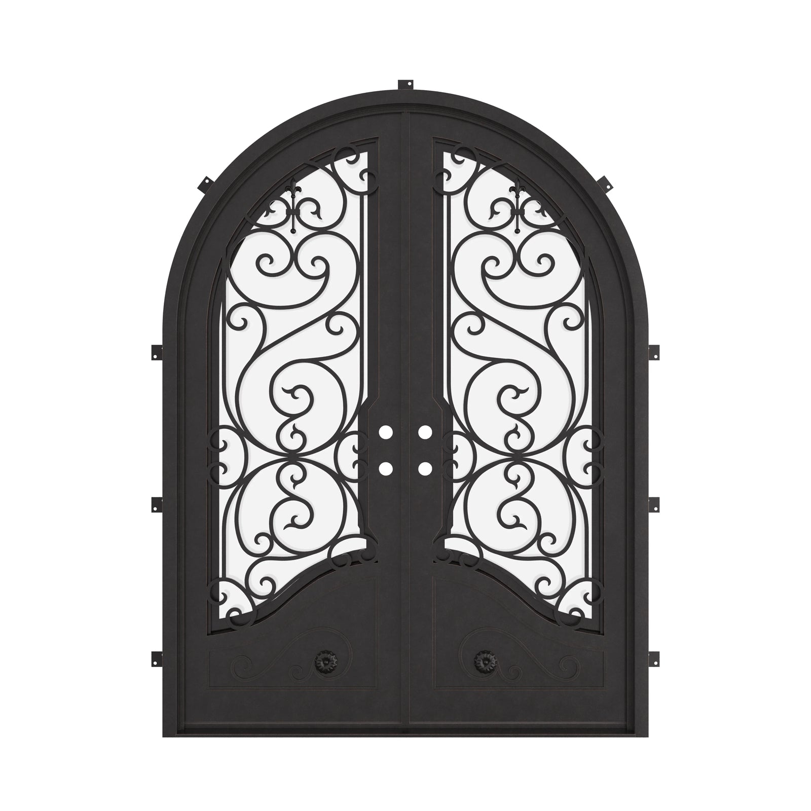 Beverly double full arch top french door with decorative metalwork and glass.