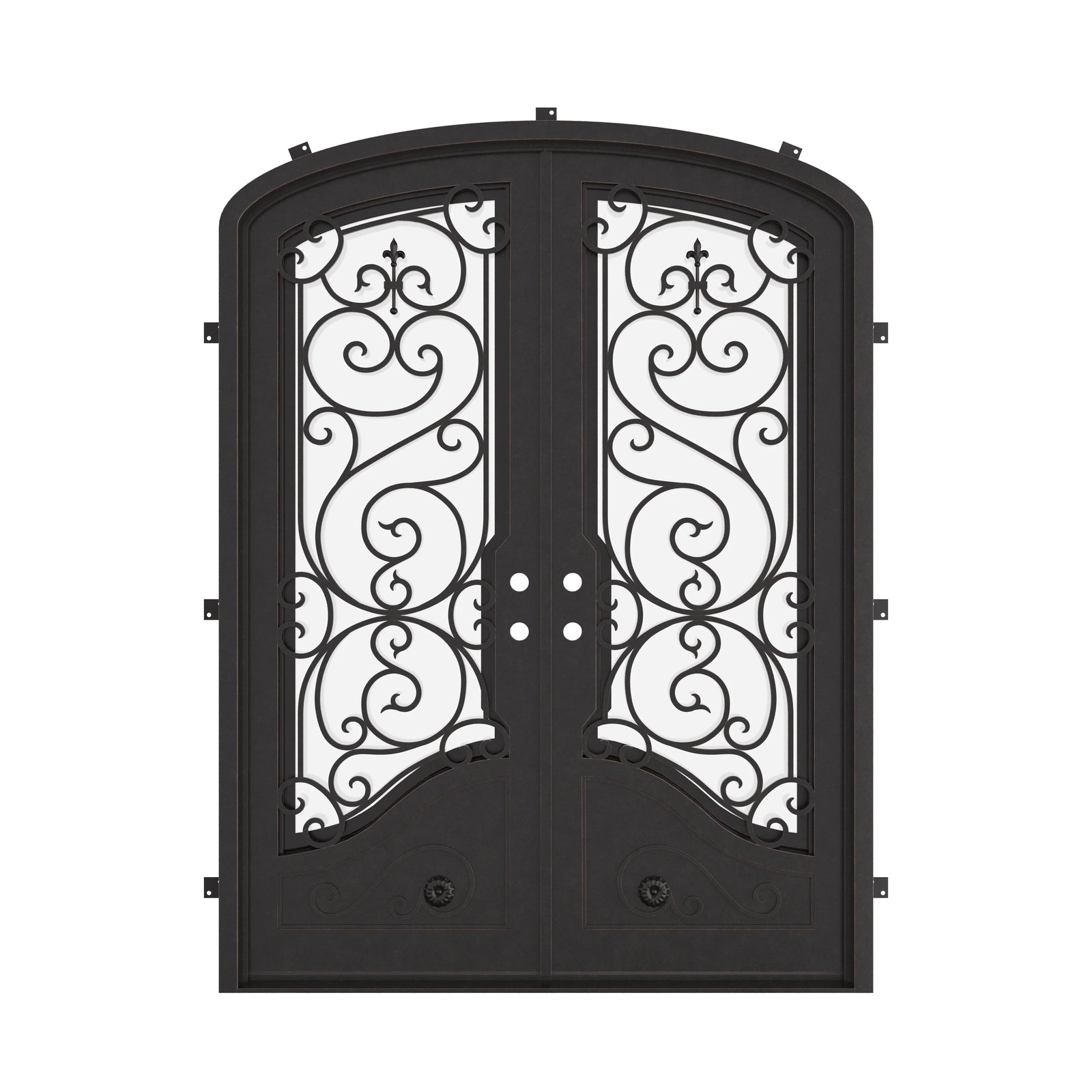 Beverly arch double entry door with glass in bronze shade.