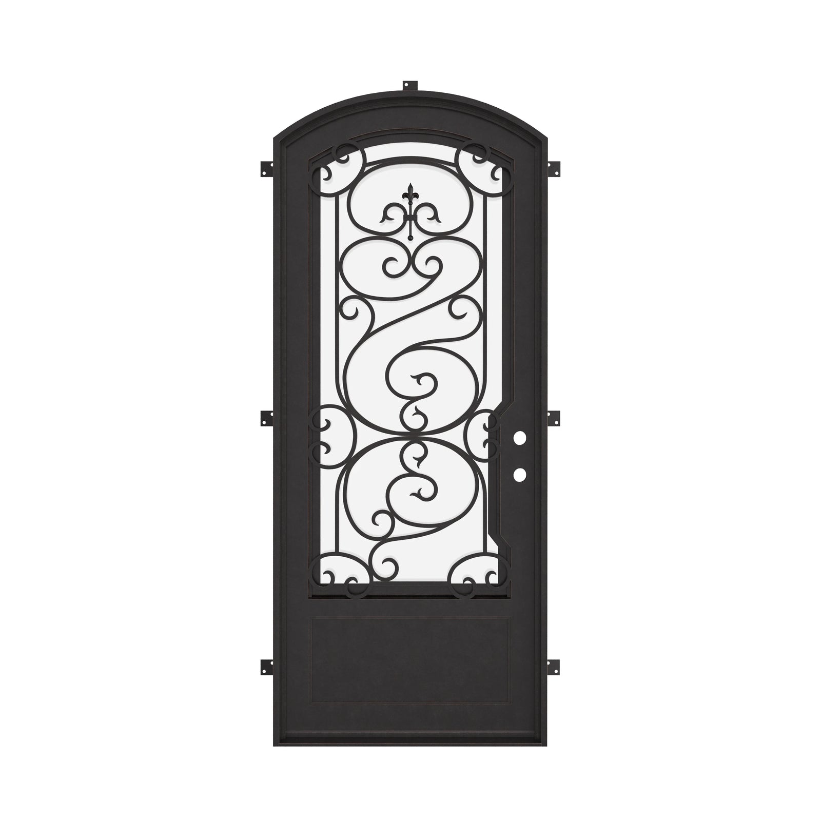 Beverly bronze color iron single arch top door with ornate scrollwork.