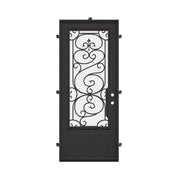 Beverly Bronze color exterior wrought iron single door with double glass panel.
