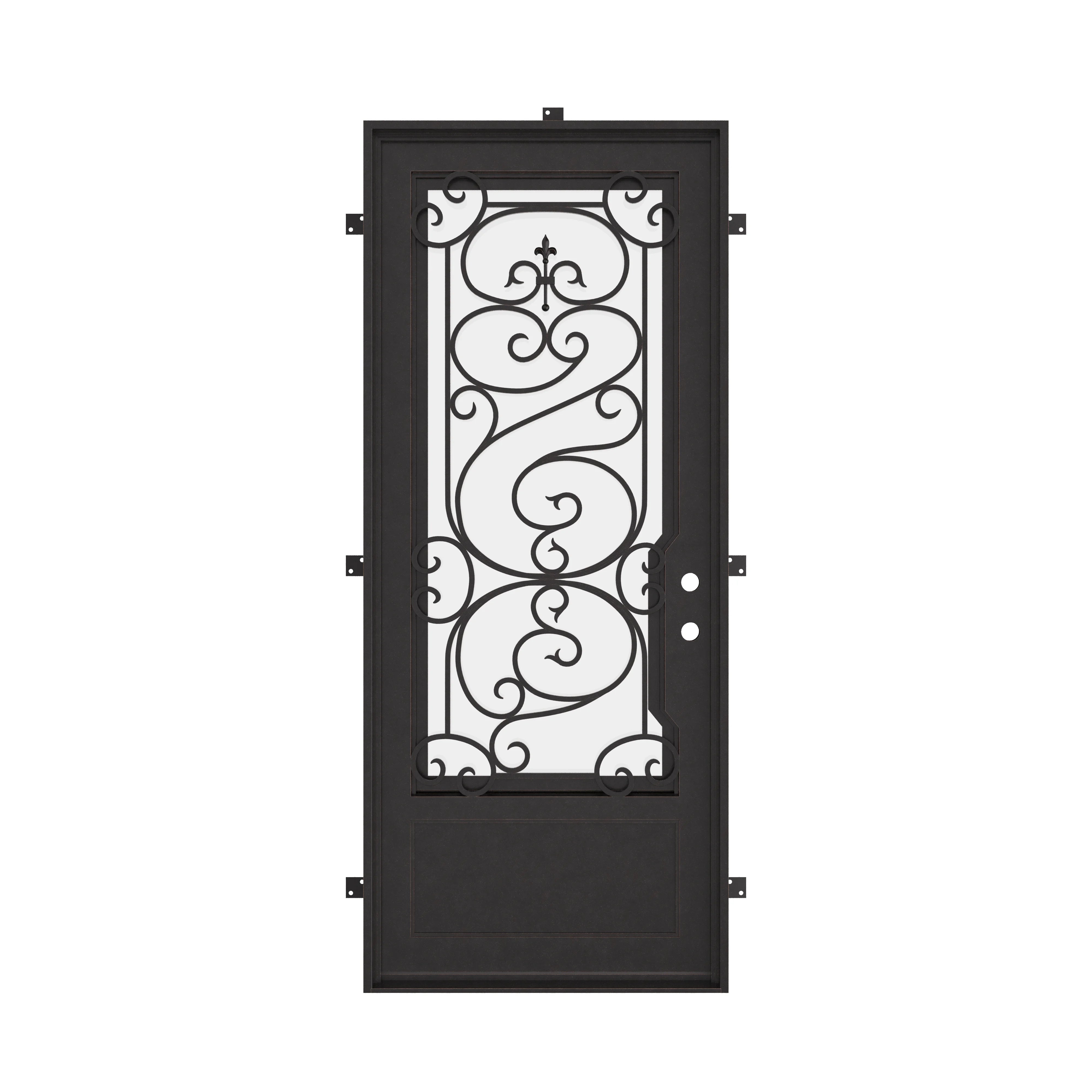 Beverly Bronze color exterior wrought iron single door with double glass panel.