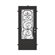 Beverly Pre-hung black metal flat top single door with double glass panel.