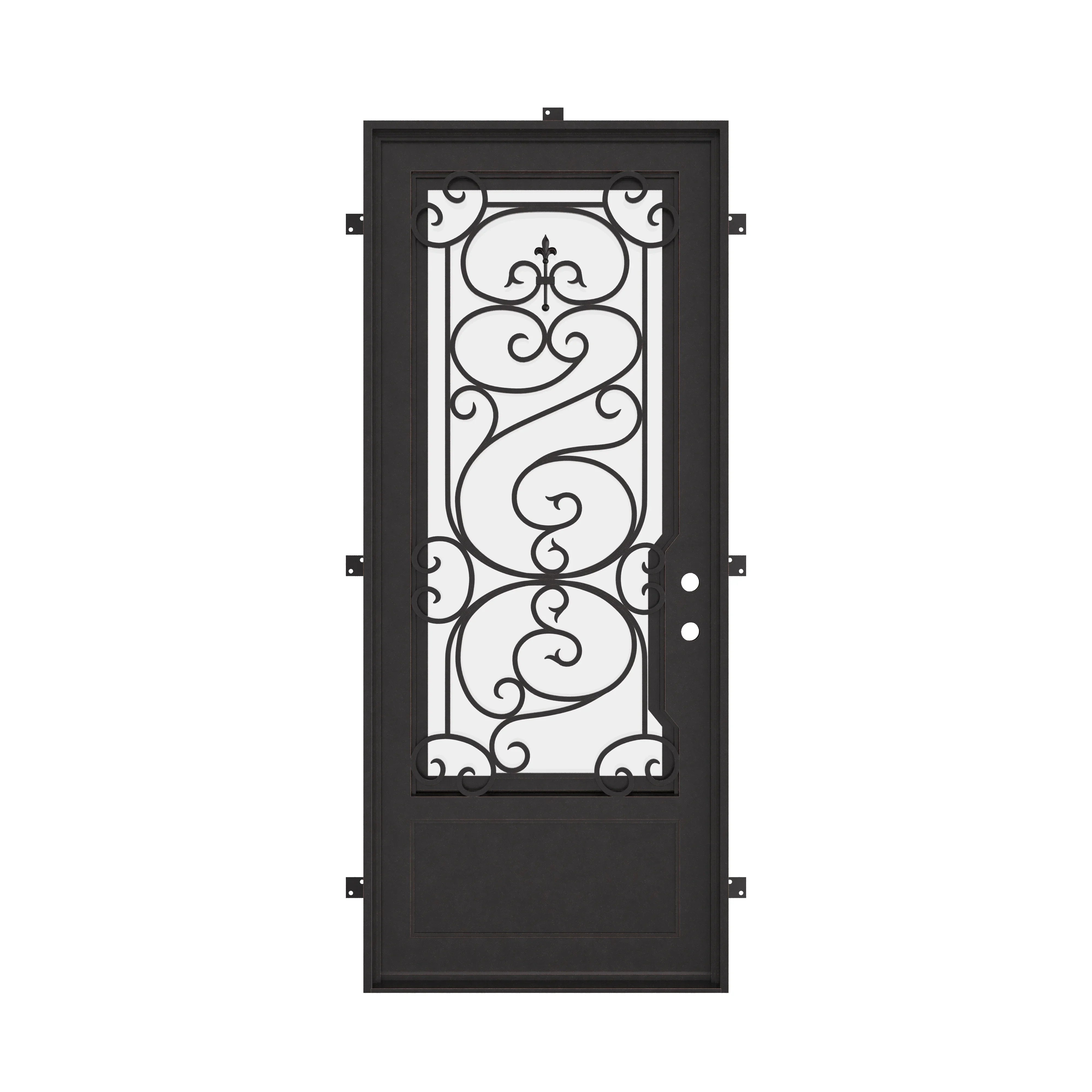 Beverly Pre-hung black metal flat top single door with double glass panel.